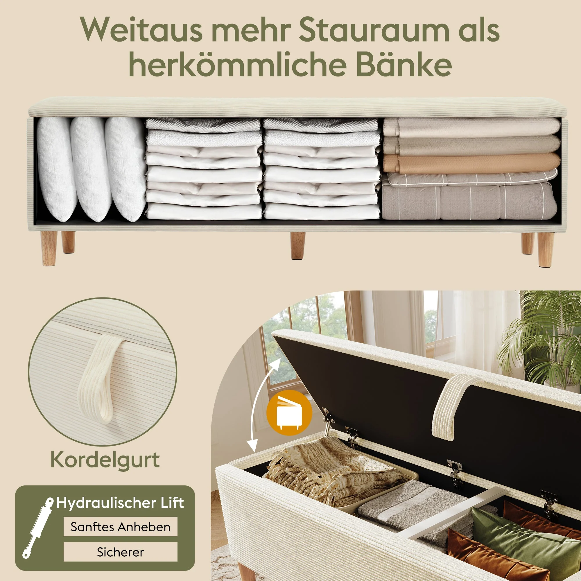 bed bench with storage space, 145 x 38 cm upholstered, beige corduroy - Image 4