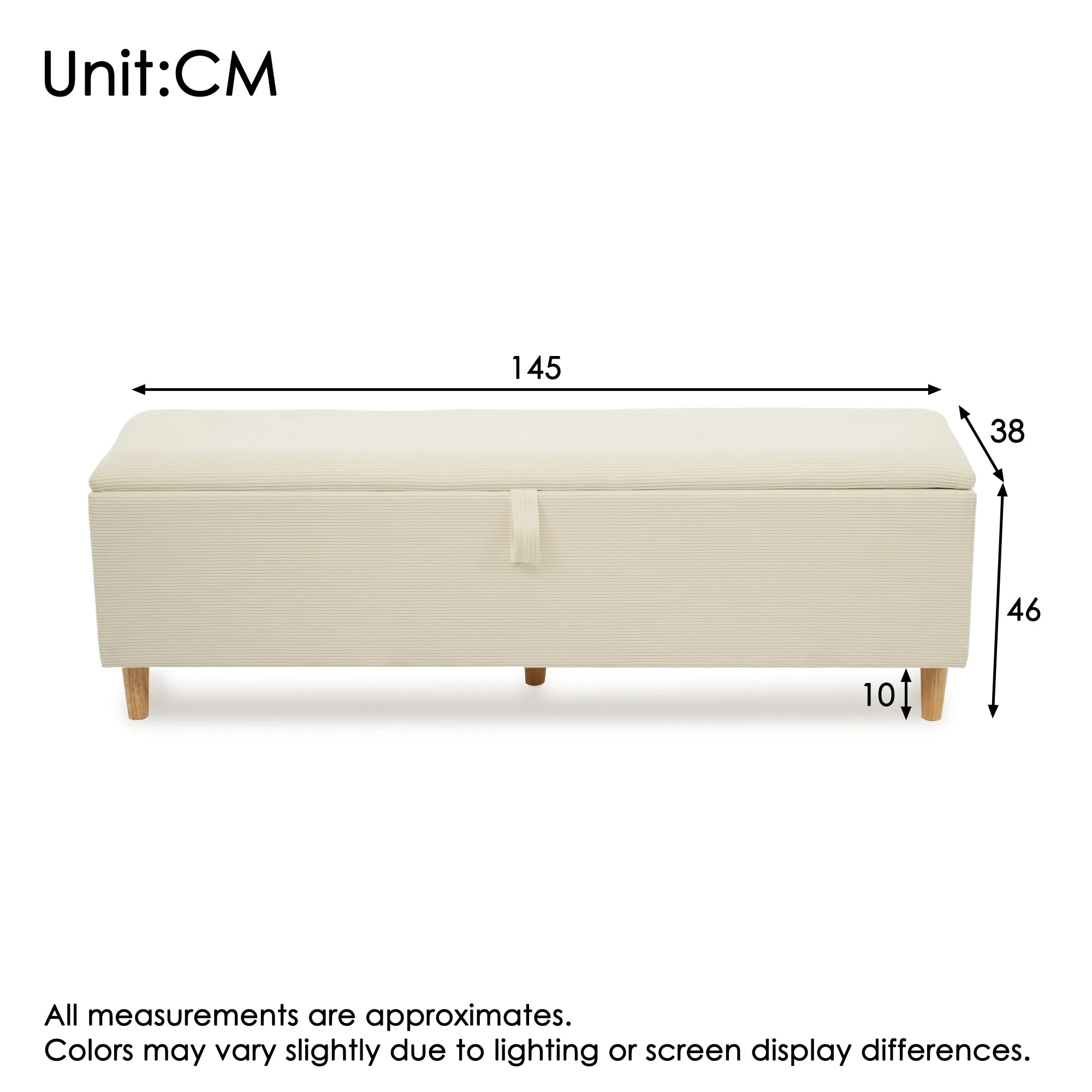 bed bench with storage space, 145 x 38 cm upholstered, beige corduroy - Image 6