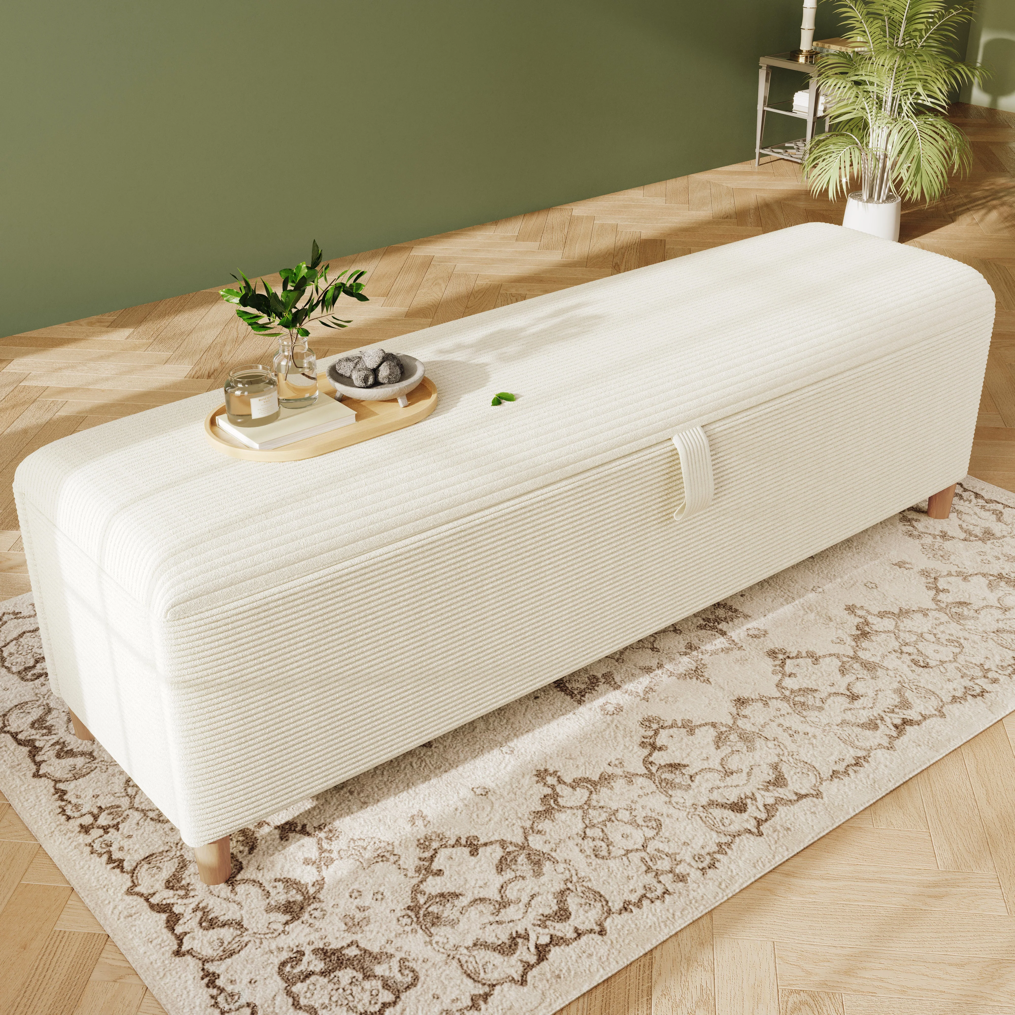 bed bench with storage space, 145 x 38 cm upholstered, beige corduroy - Image 7