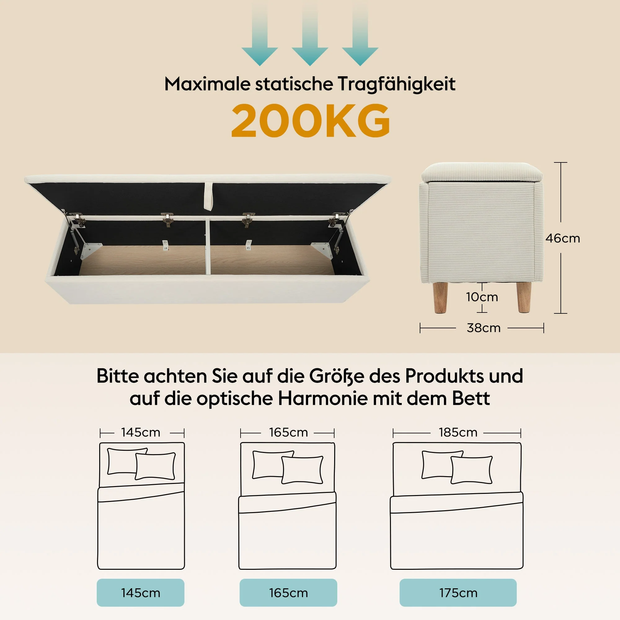 bed bench with storage space, 145 x 38 cm upholstered, beige corduroy - Image 9