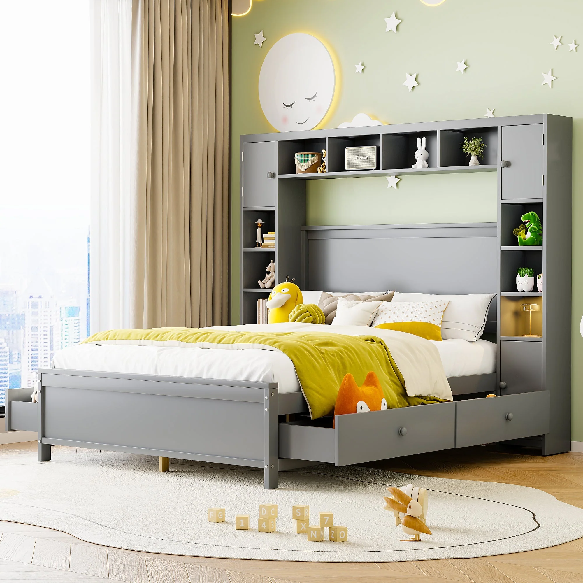 Bed Frame, 140x200 with 4 Drawers & Storage Cabinet, Solid Wood, Grey