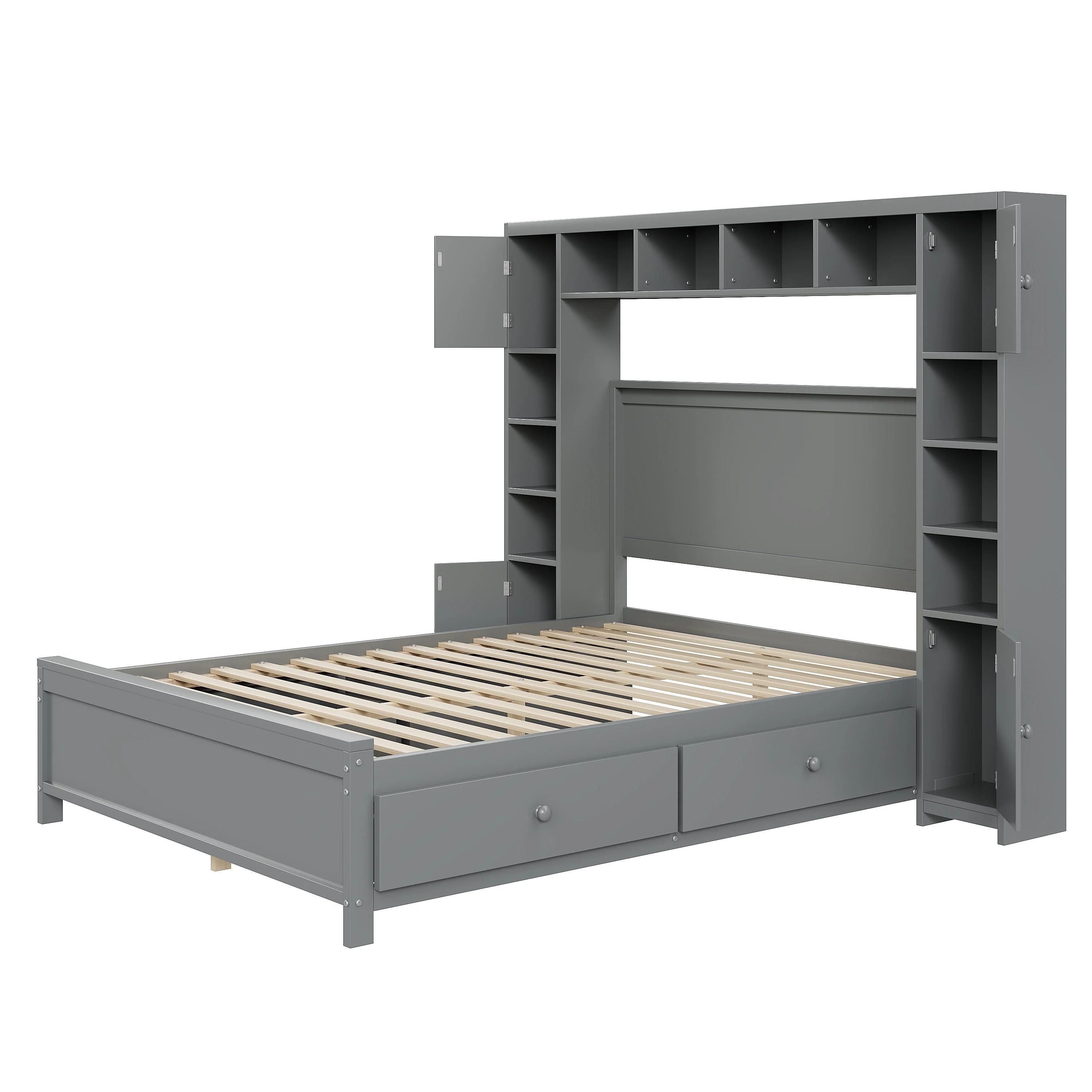 Bed Frame, 140x200 with 4 Drawers & Storage Cabinet, Solid Wood, Grey - Image 4