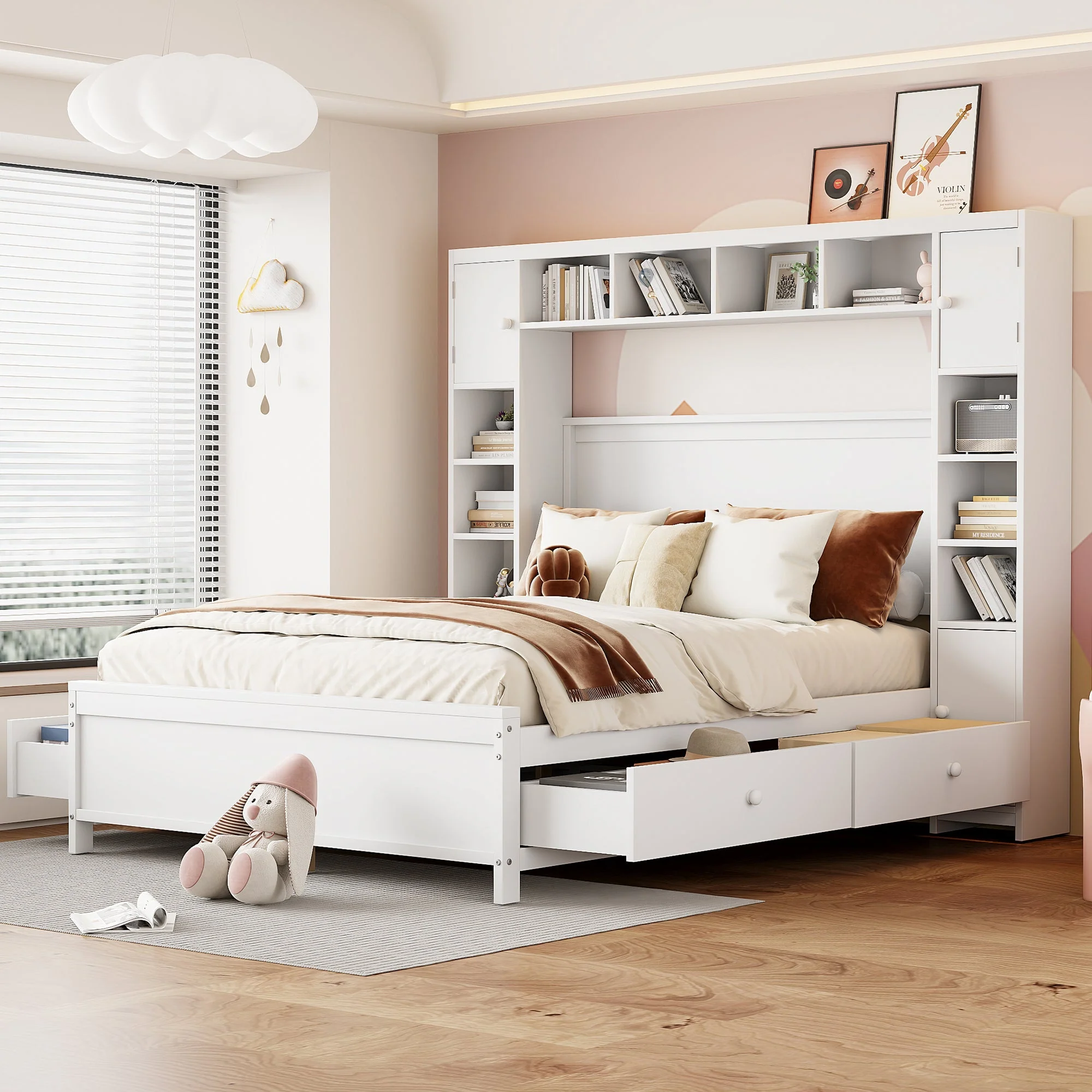 Bed Frame, 140x200 with 4 Drawers & Storage Cabinet, Solid Wood, White