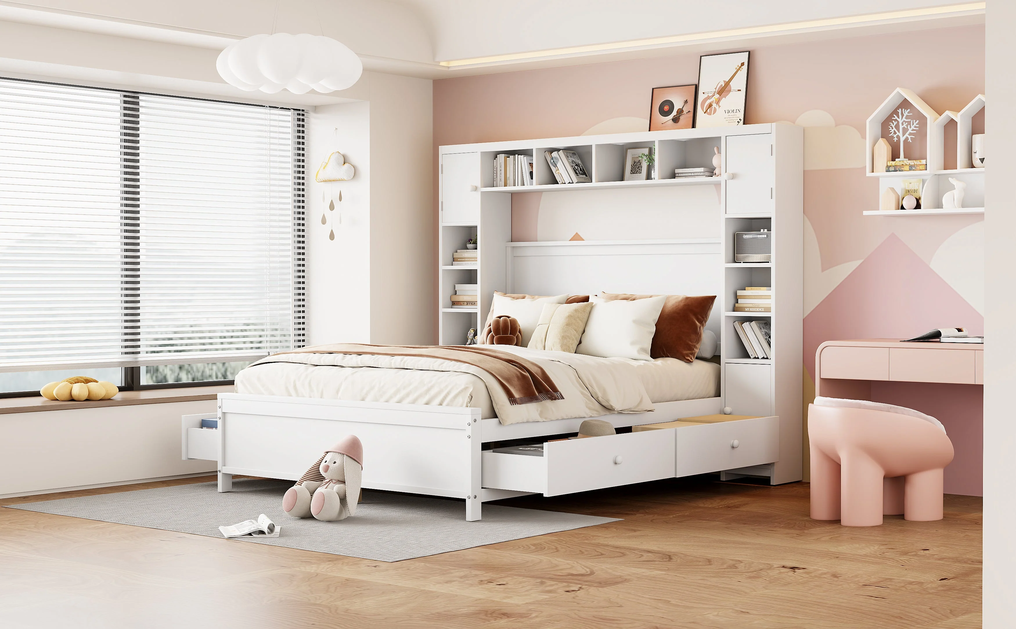 Bed Frame, 140x200 with 4 Drawers & Storage Cabinet, Solid Wood, White - Image 10