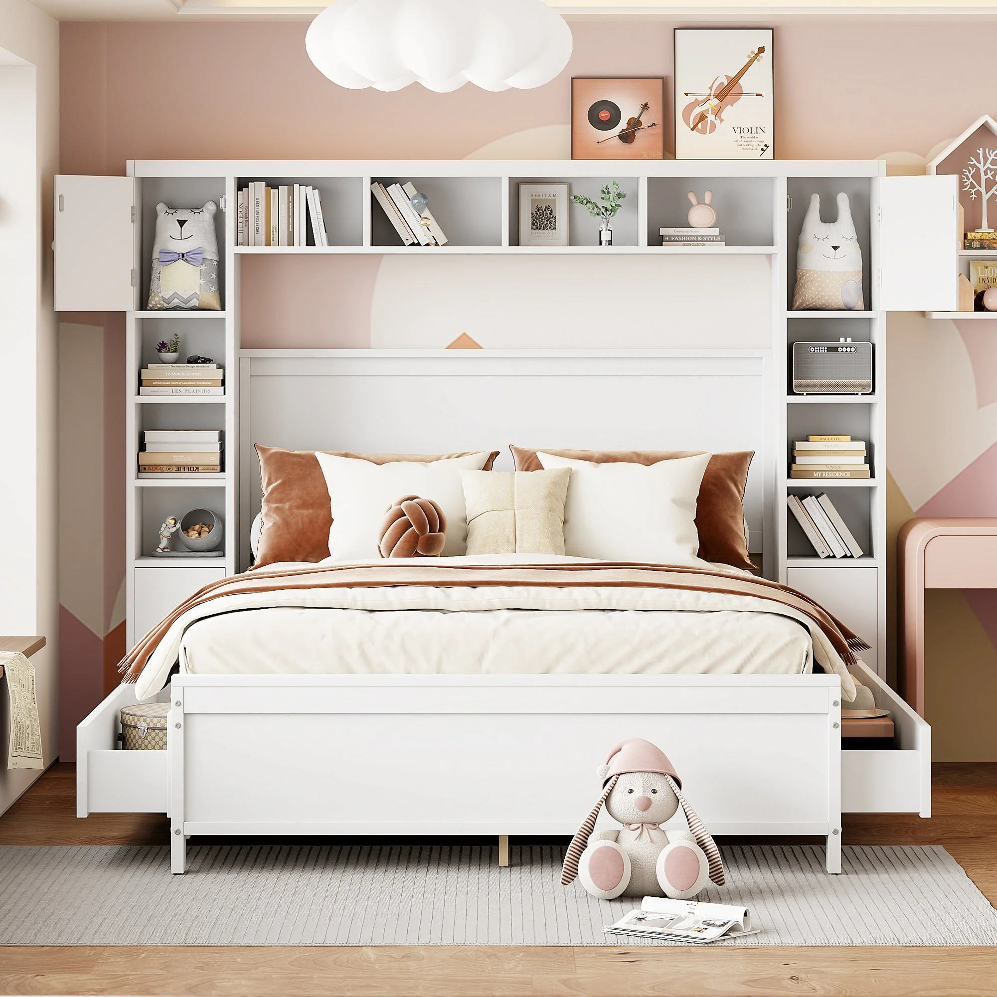 Bed Frame, 140x200 with 4 Drawers & Storage Cabinet, Solid Wood, White - Image 3