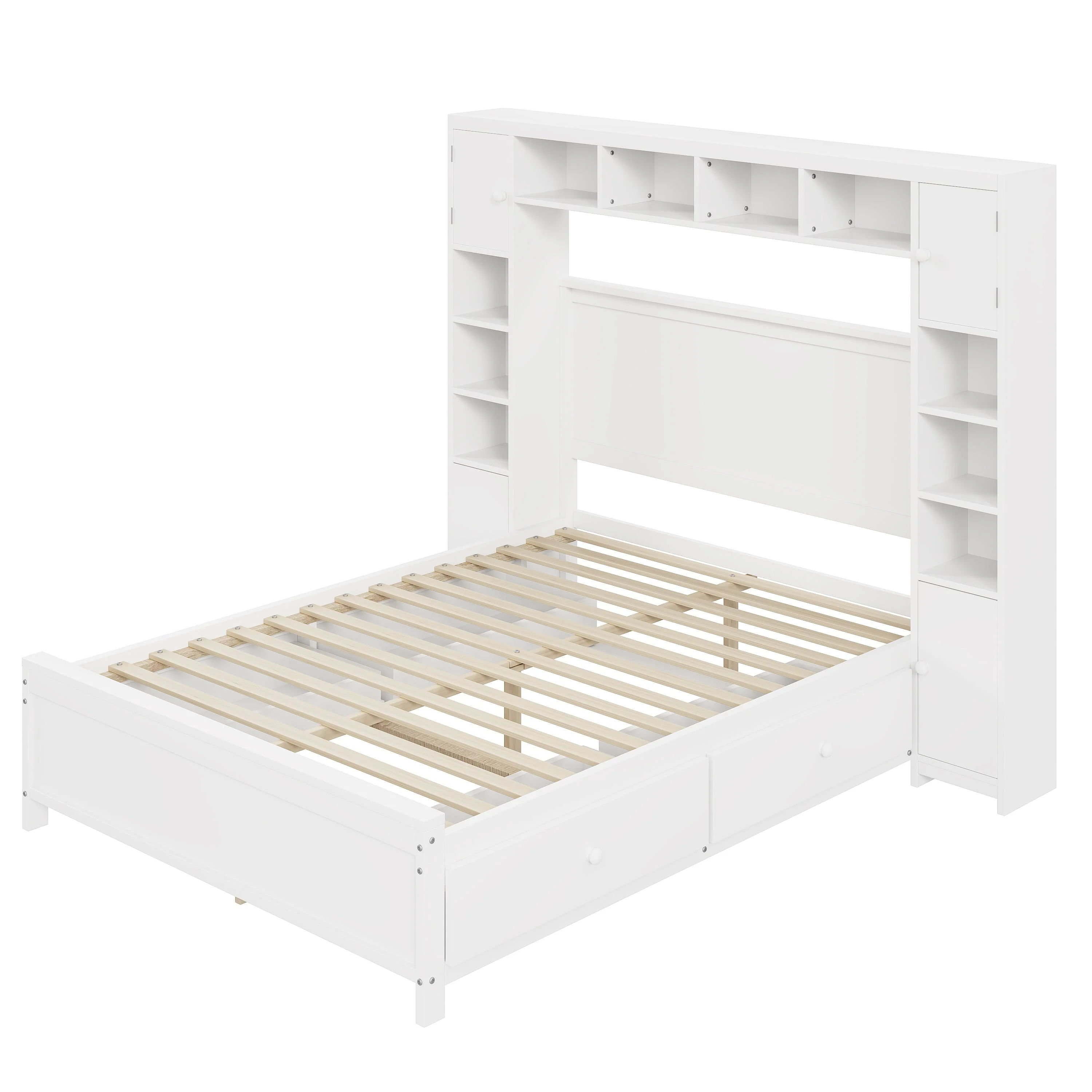 Bed Frame, 140x200 with 4 Drawers & Storage Cabinet, Solid Wood, White - Image 4