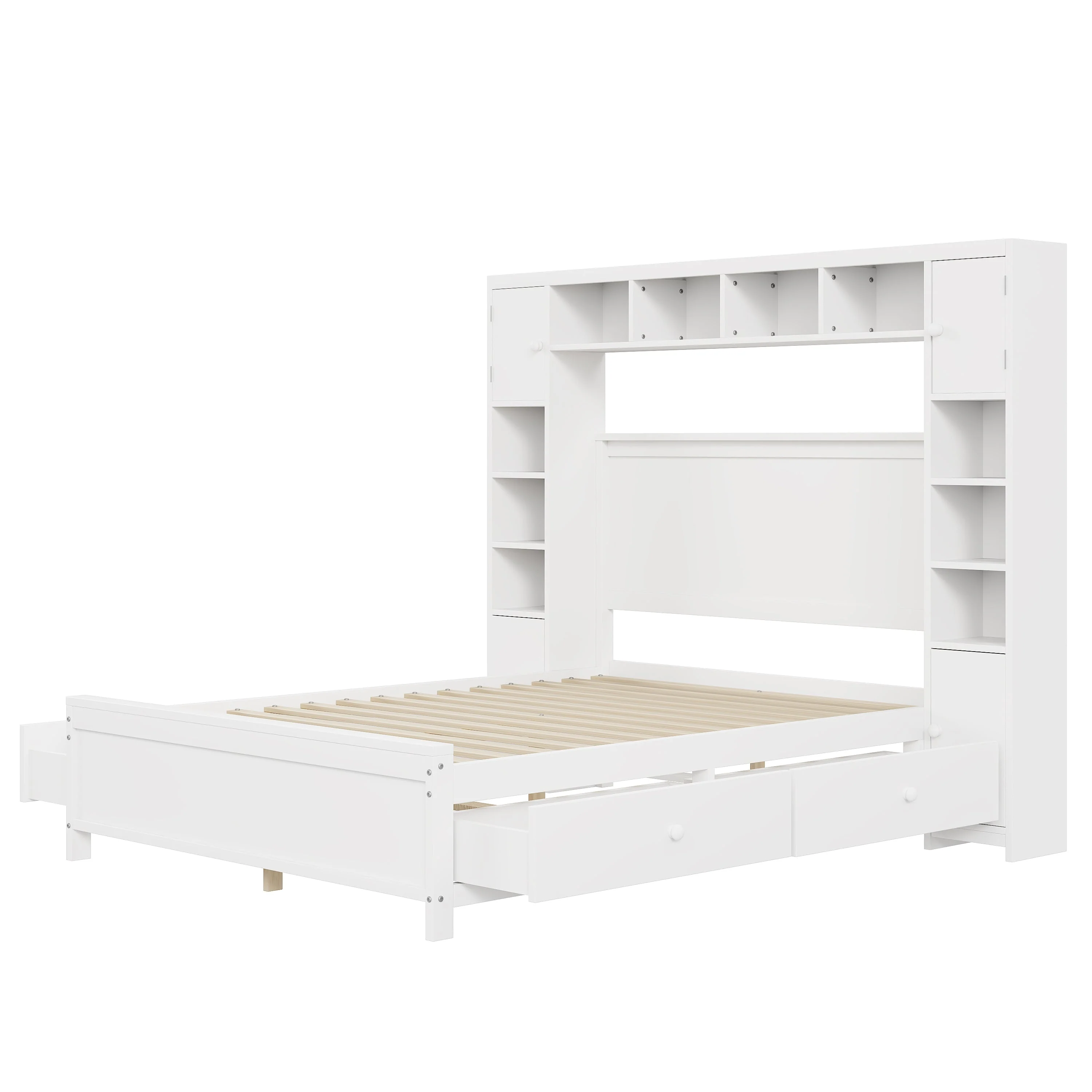 Bed Frame, 140x200 with 4 Drawers & Storage Cabinet, Solid Wood, White - Image 5