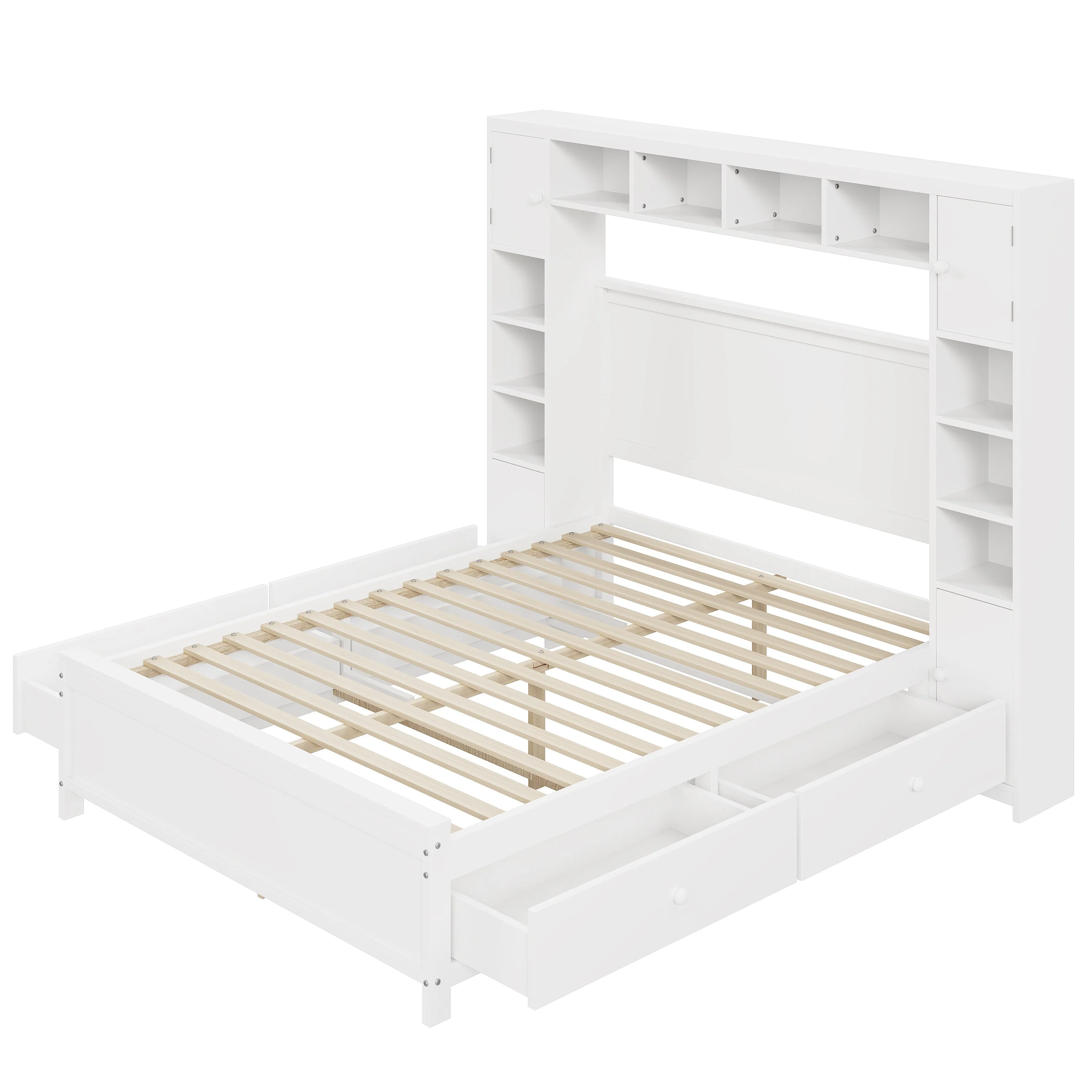 Bed Frame, 140x200 with 4 Drawers & Storage Cabinet, Solid Wood, White - Image 6