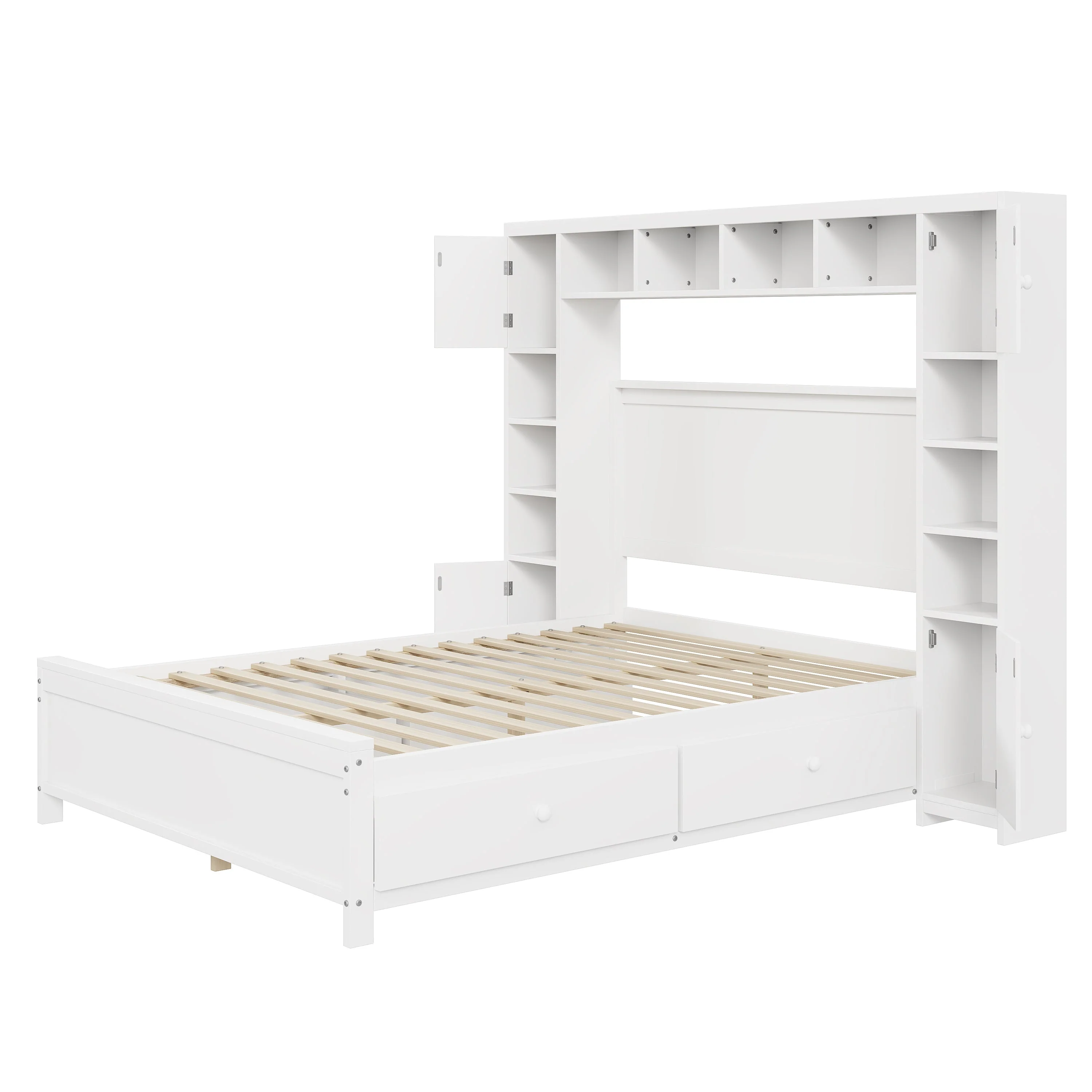 Bed Frame, 140x200 with 4 Drawers & Storage Cabinet, Solid Wood, White - Image 7
