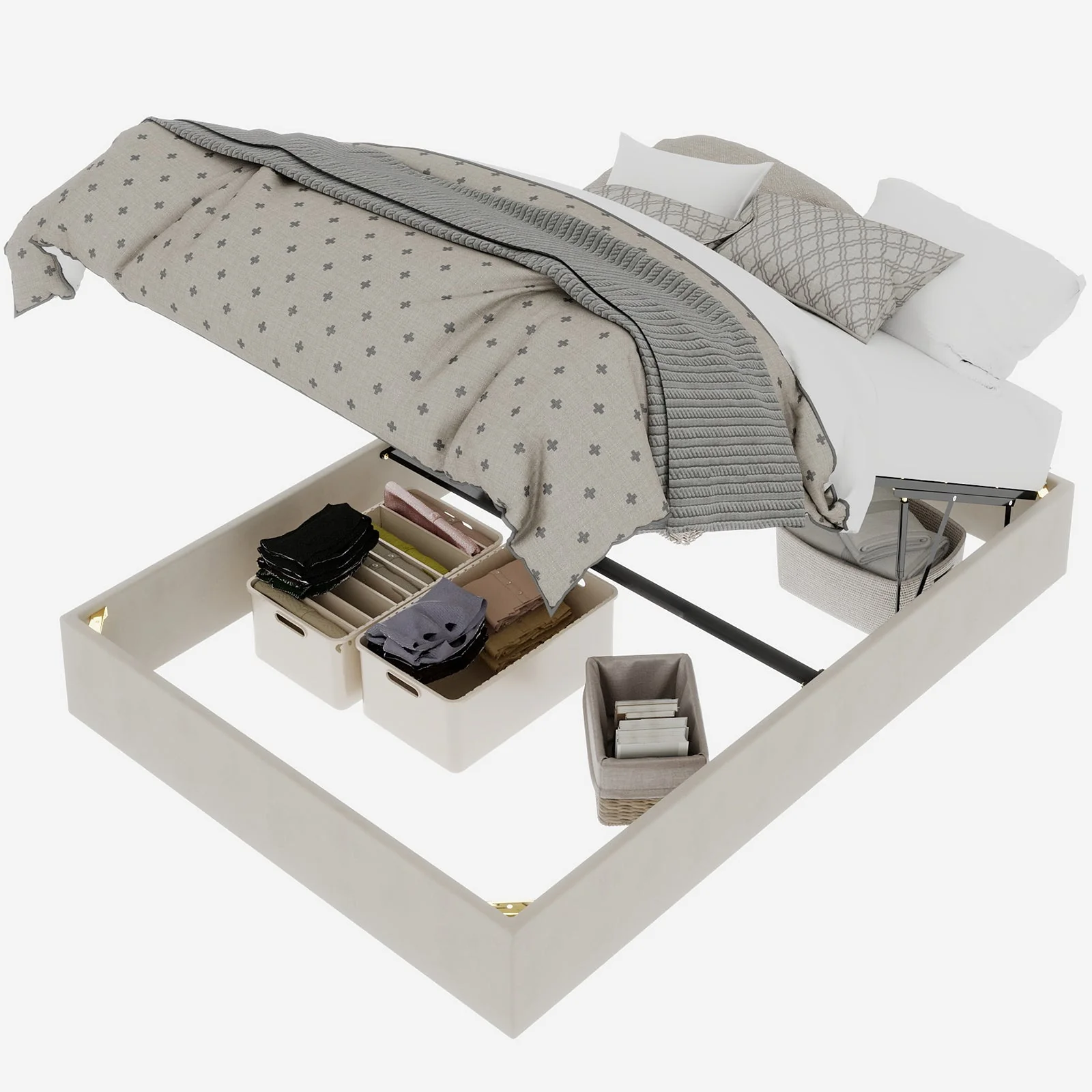 Bed Frame 140x200cm Gas Lift Pistons, Beige Dutch Velvet - Image 5