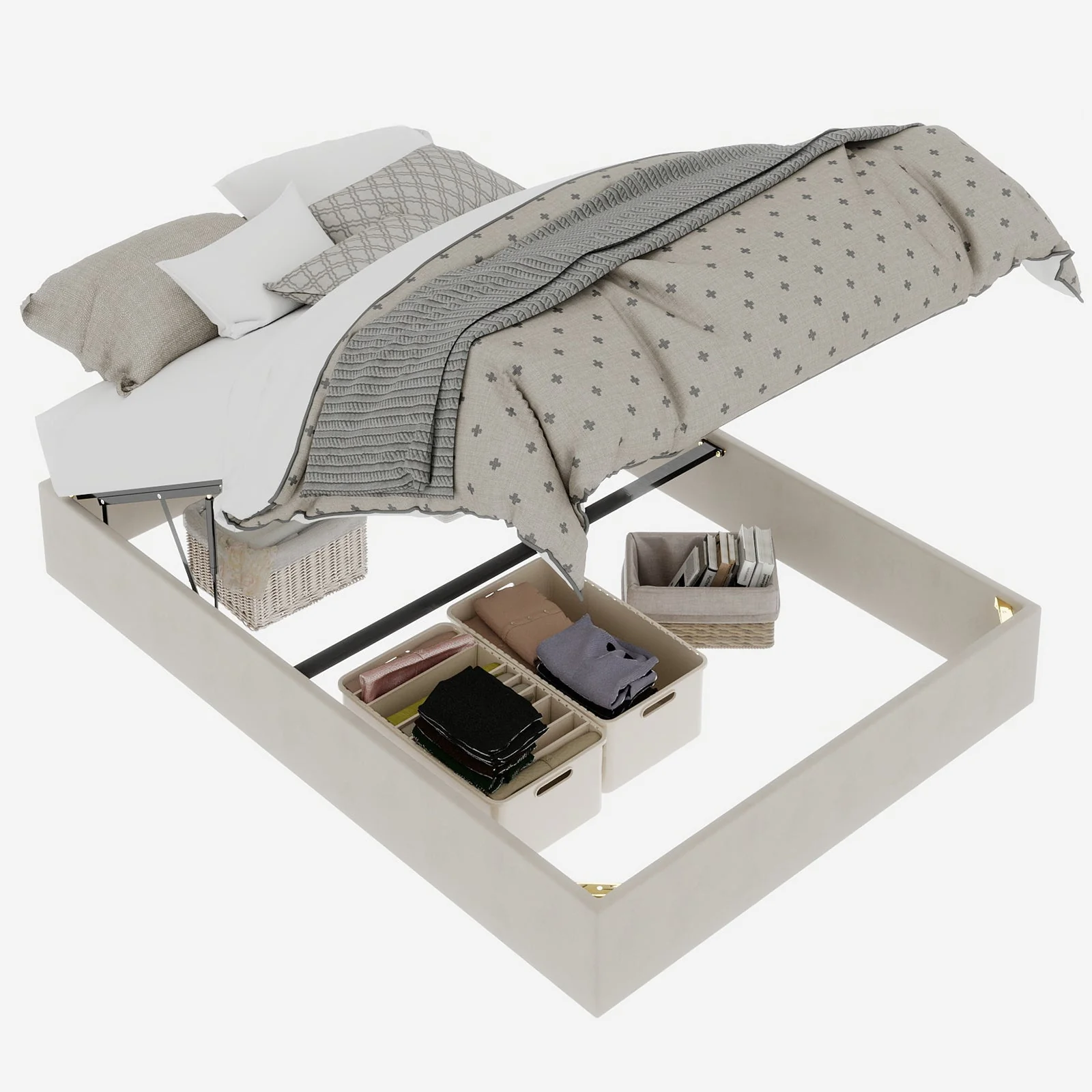 Bed Frame 140x200cm Gas Lift Pistons, Beige Dutch Velvet - Image 7