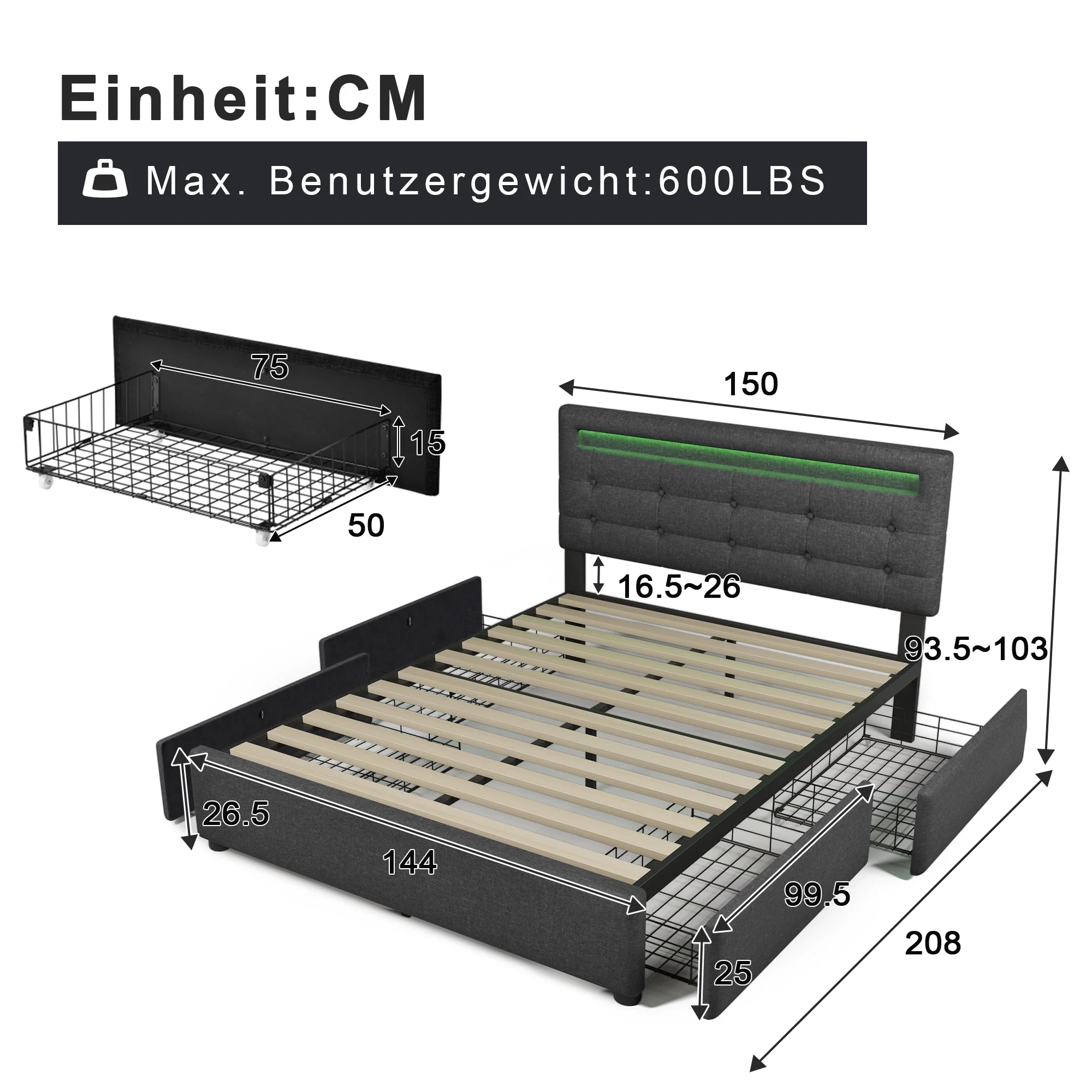 Bed Frame, 140x200cm, LED, 4 Drawers, Adjustable Headboard, Wooden Slats, Grey - Image 2