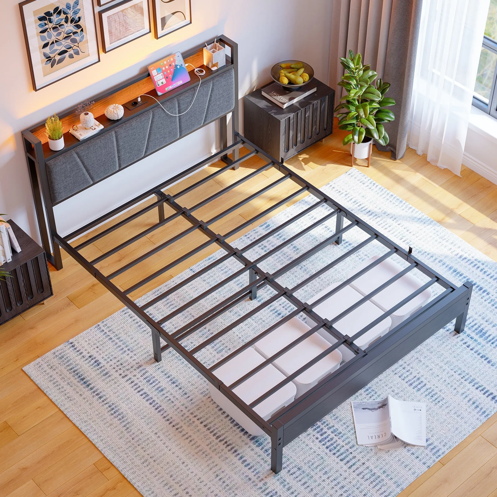 Bed Frame 140x200cm LED Headboard USB Charging - Metal Slats - Image 7
