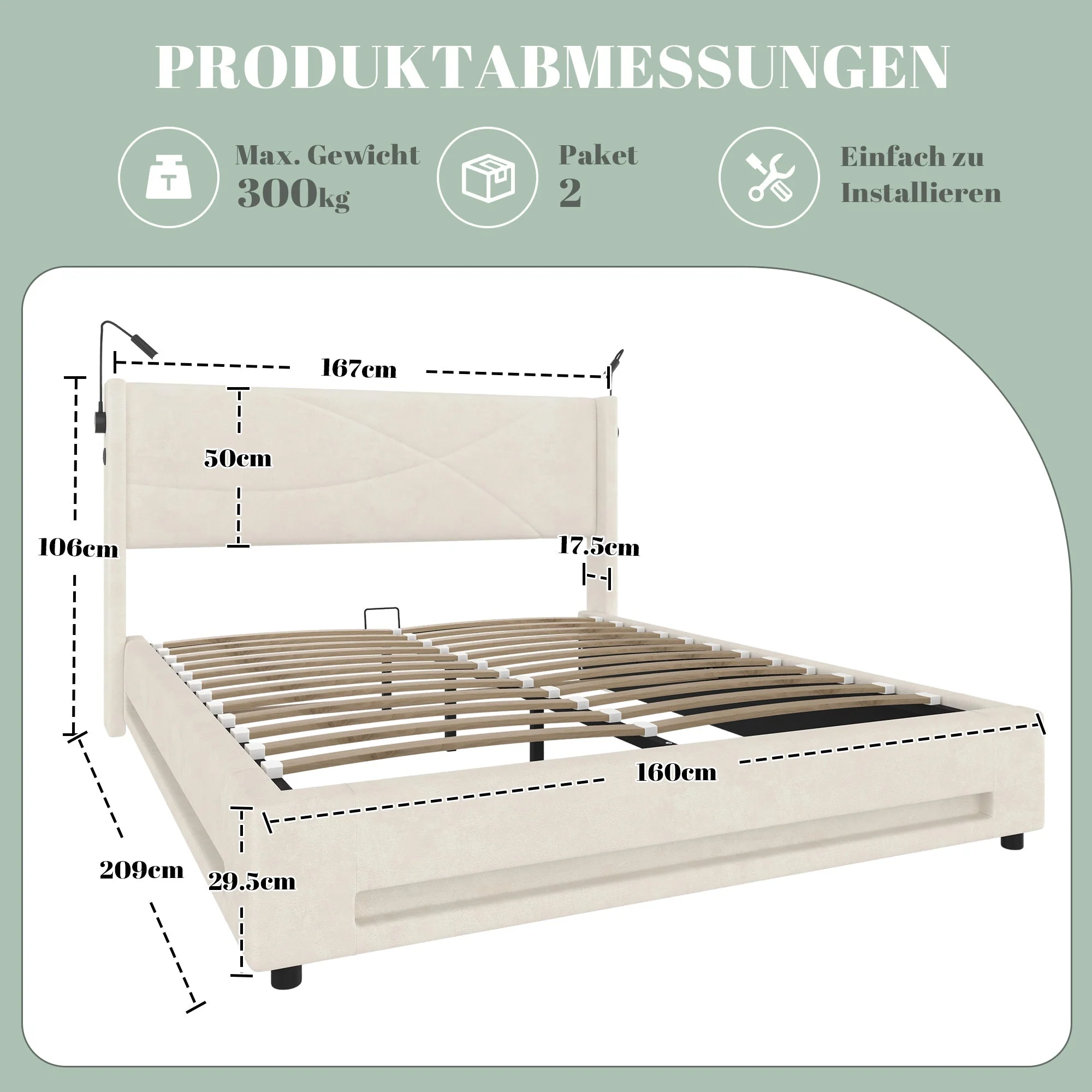 Bed Frame 160x200cm Hydraulic Storage LED/USB Ports Modern Design - Image 2