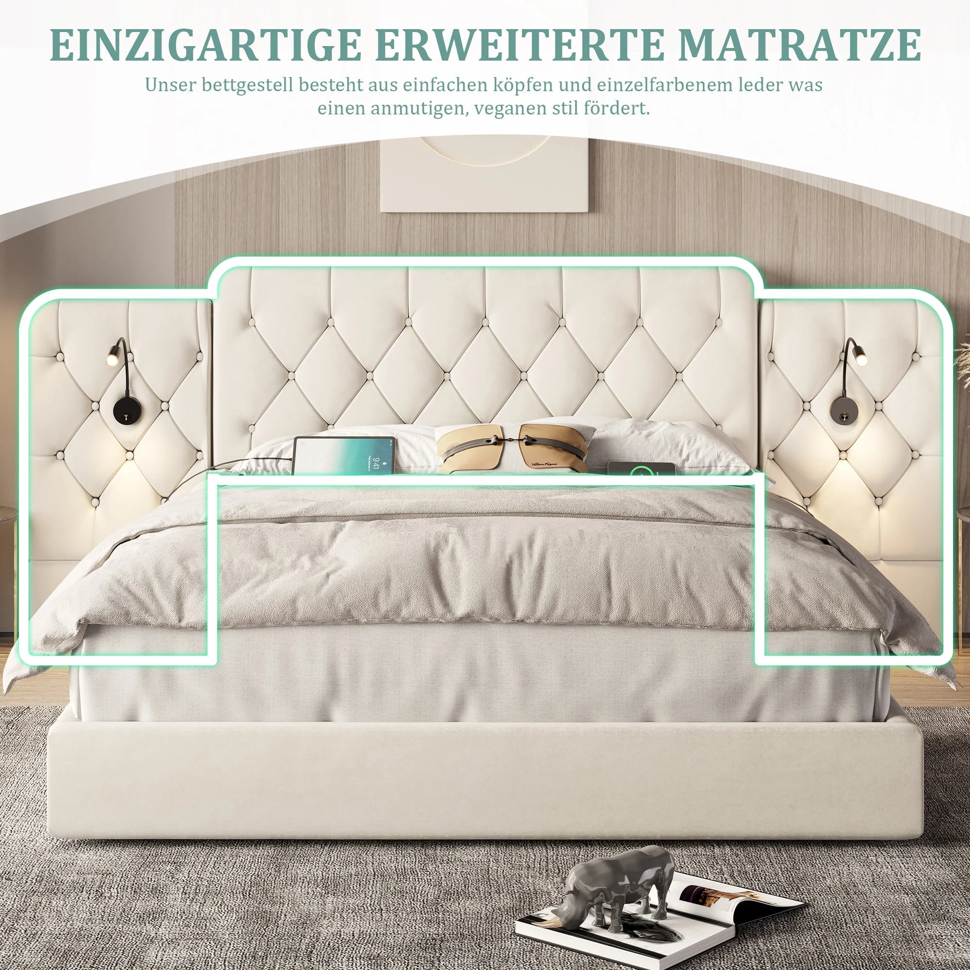 Bed Frame 180x200cm Hydraulic Storage Long Headboard USB/Lamp - Velvet Beige - Image 6