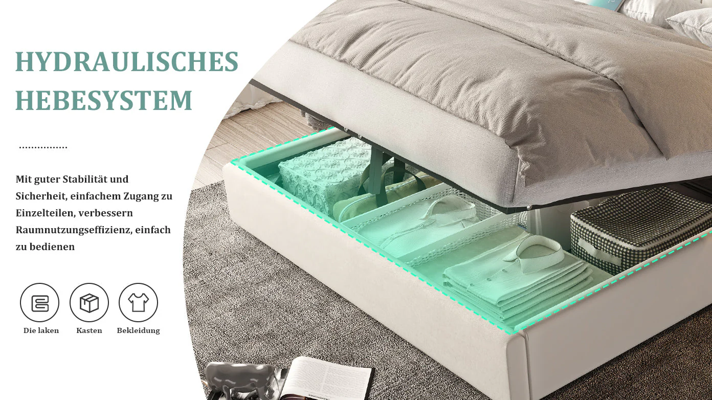 Bed Frame 180x200cm Hydraulic Storage Long Headboard USB/Lamp - Velvet Beige - Image 9
