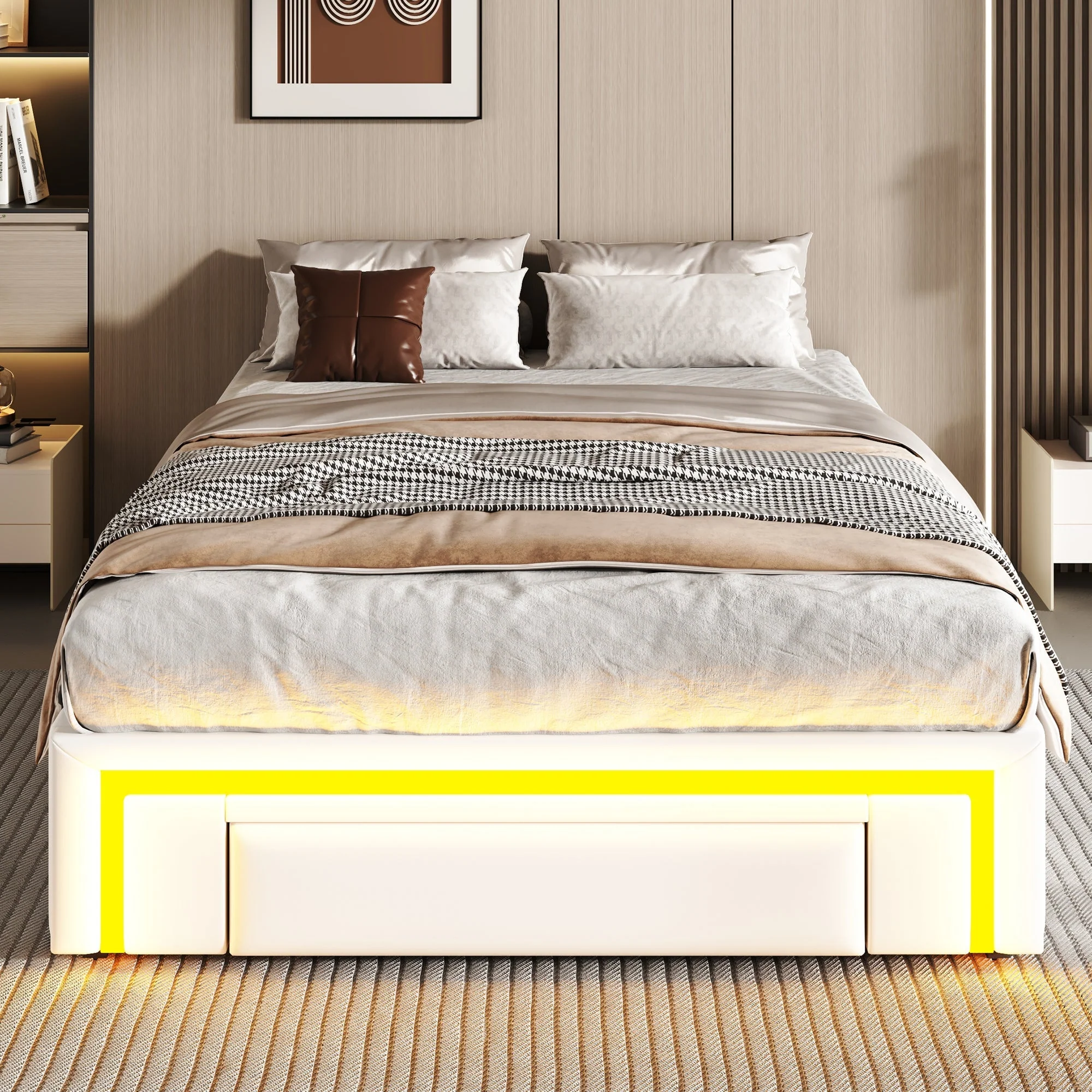 Bed Frame 90x200cm Platform LED Drawers Metal Slats - White PU Leather - Image 2