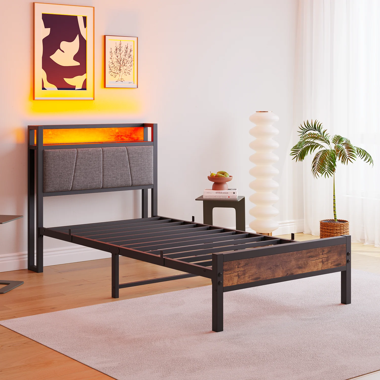 Bed Frame 90x200cm Smart LED Lights USB Charging - Metal - Image 7
