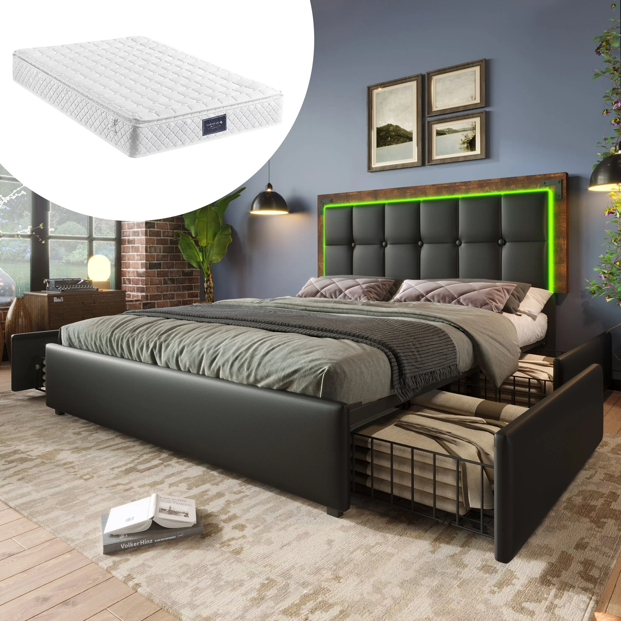 Bed Frame, LED, 4-Drawer, Adjustable Headboard, 160x200cm PU Black