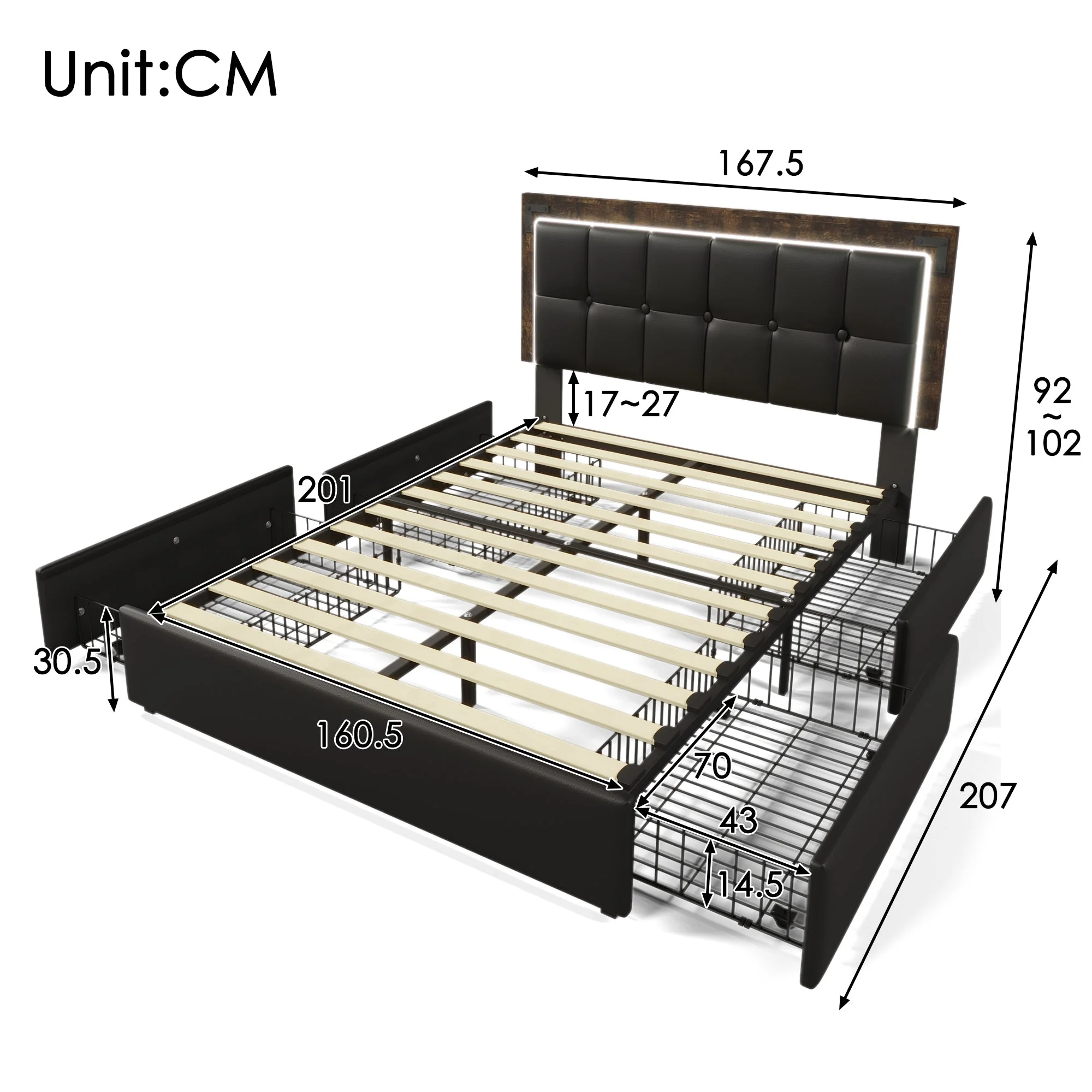 Bed Frame, LED, 4-Drawer, Adjustable Headboard, 160x200cm PU Black - Image 2