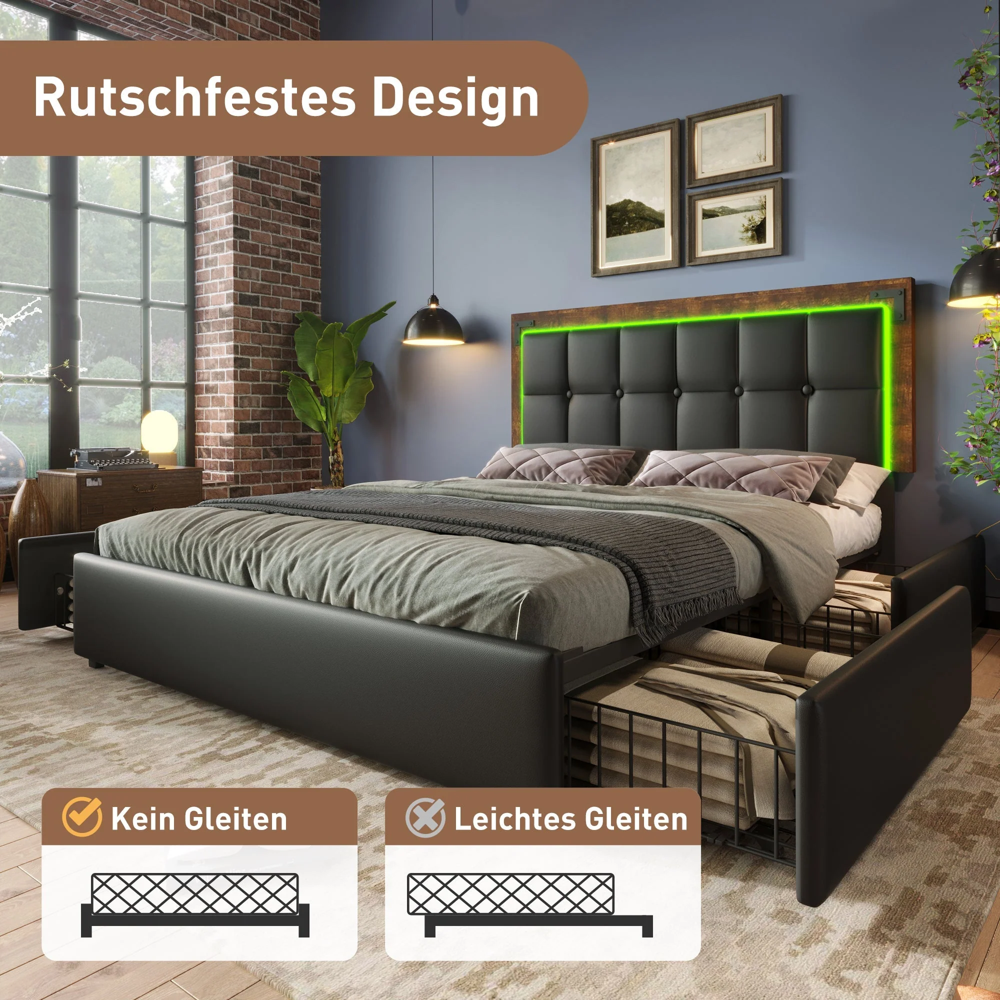 Bed Frame, LED, 4-Drawer, Adjustable Headboard, 160x200cm PU Black - Image 5