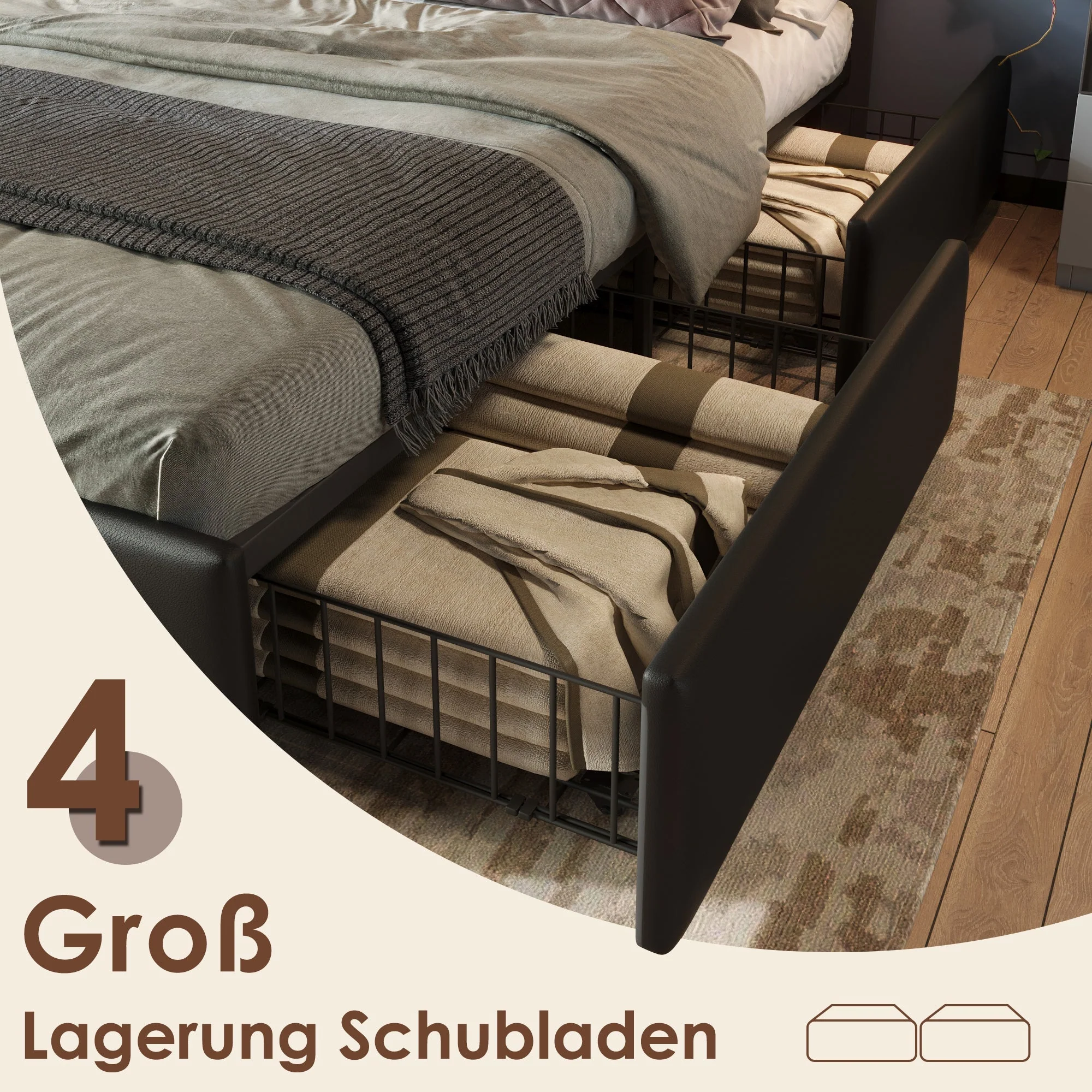 Bed Frame, LED, 4-Drawer, Adjustable Headboard, 160x200cm PU Black - Image 6
