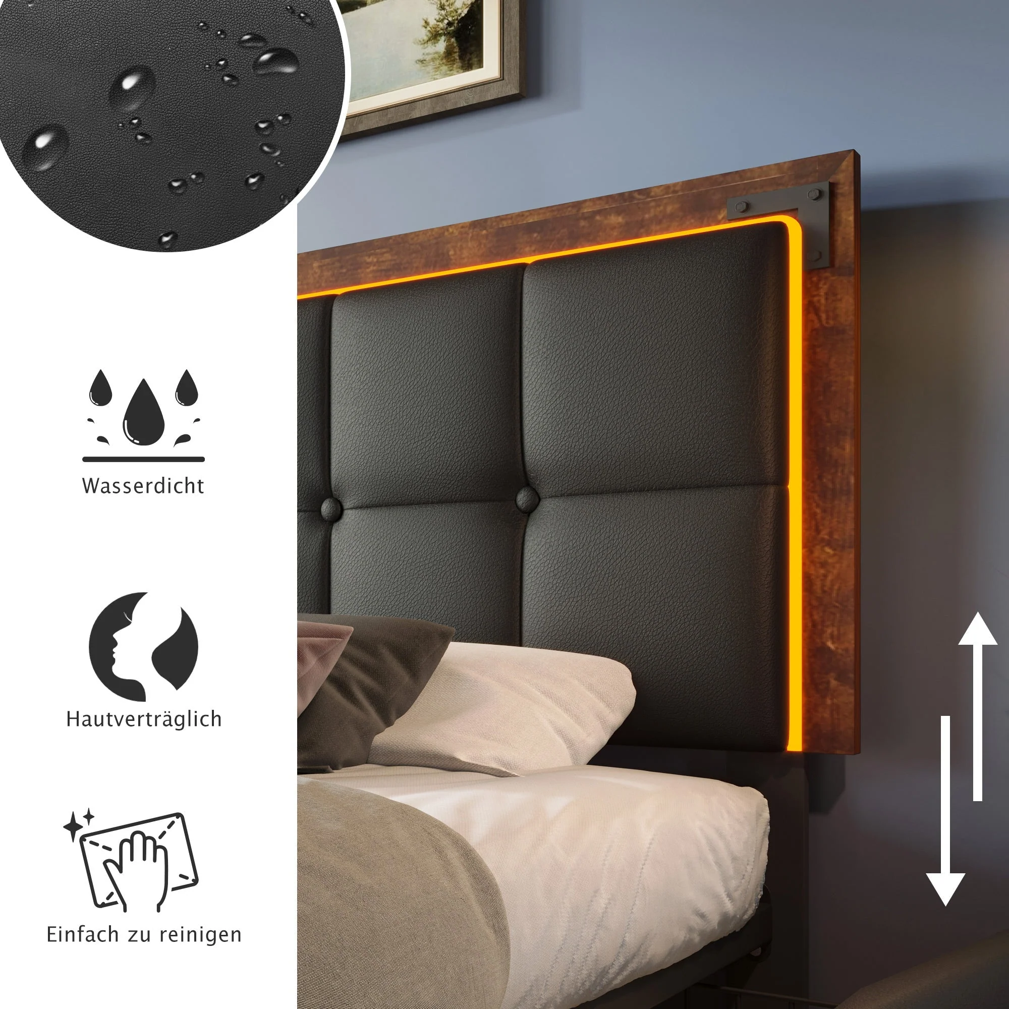 Bed Frame, LED, 4-Drawer, Adjustable Headboard, 160x200cm PU Black - Image 7