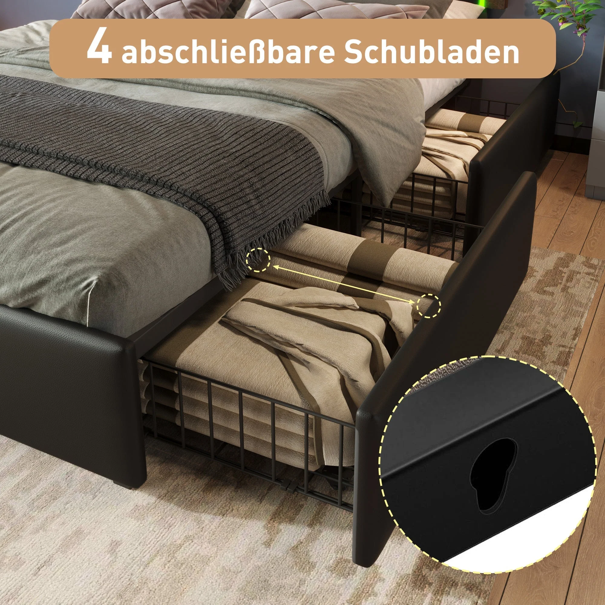 Bed Frame, LED, 4-Drawer, Adjustable Headboard, 160x200cm PU Black - Image 8