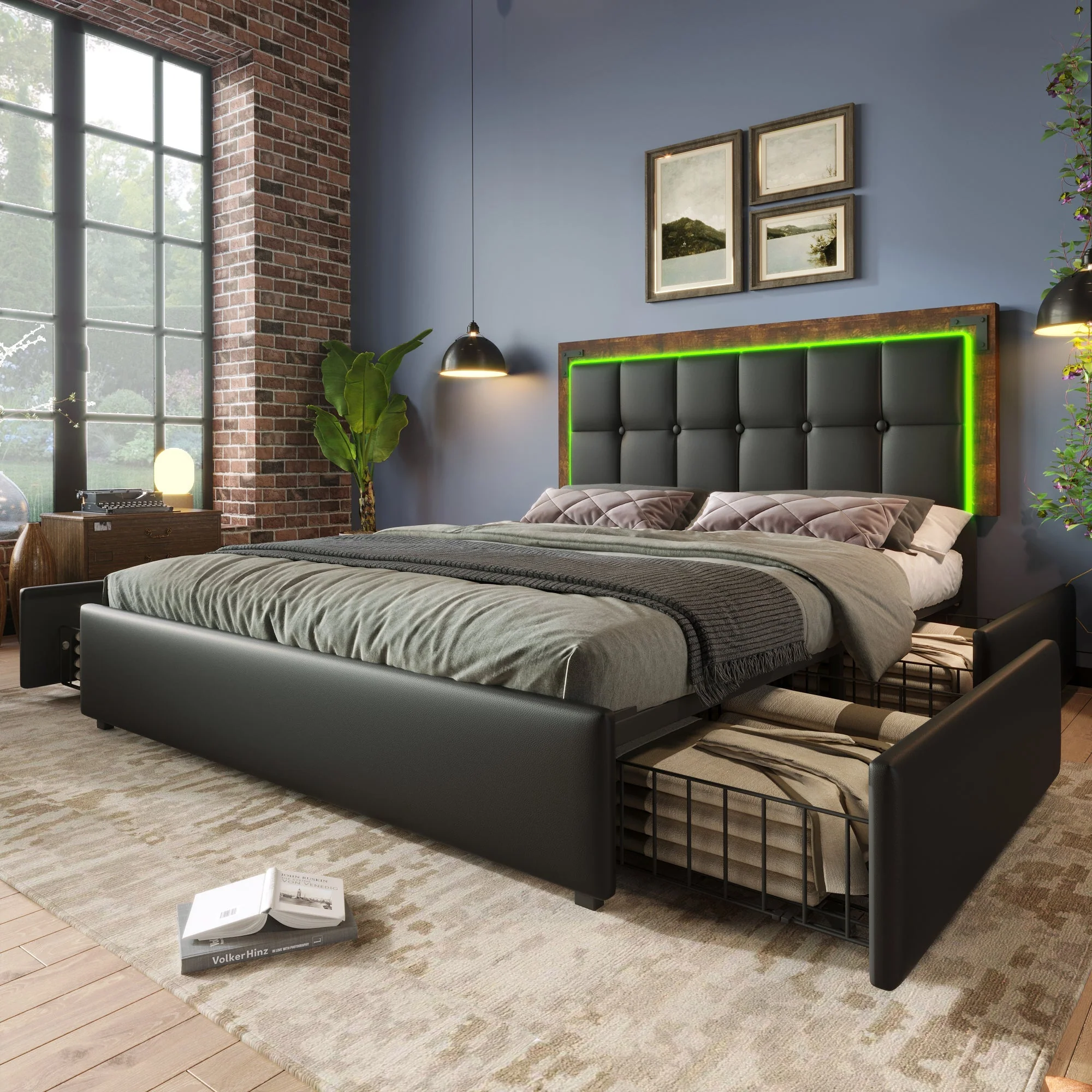 Bed Frame, LED, 4-Drawer, Adjustable Headboard, 160x200cm PU Black - Image 9