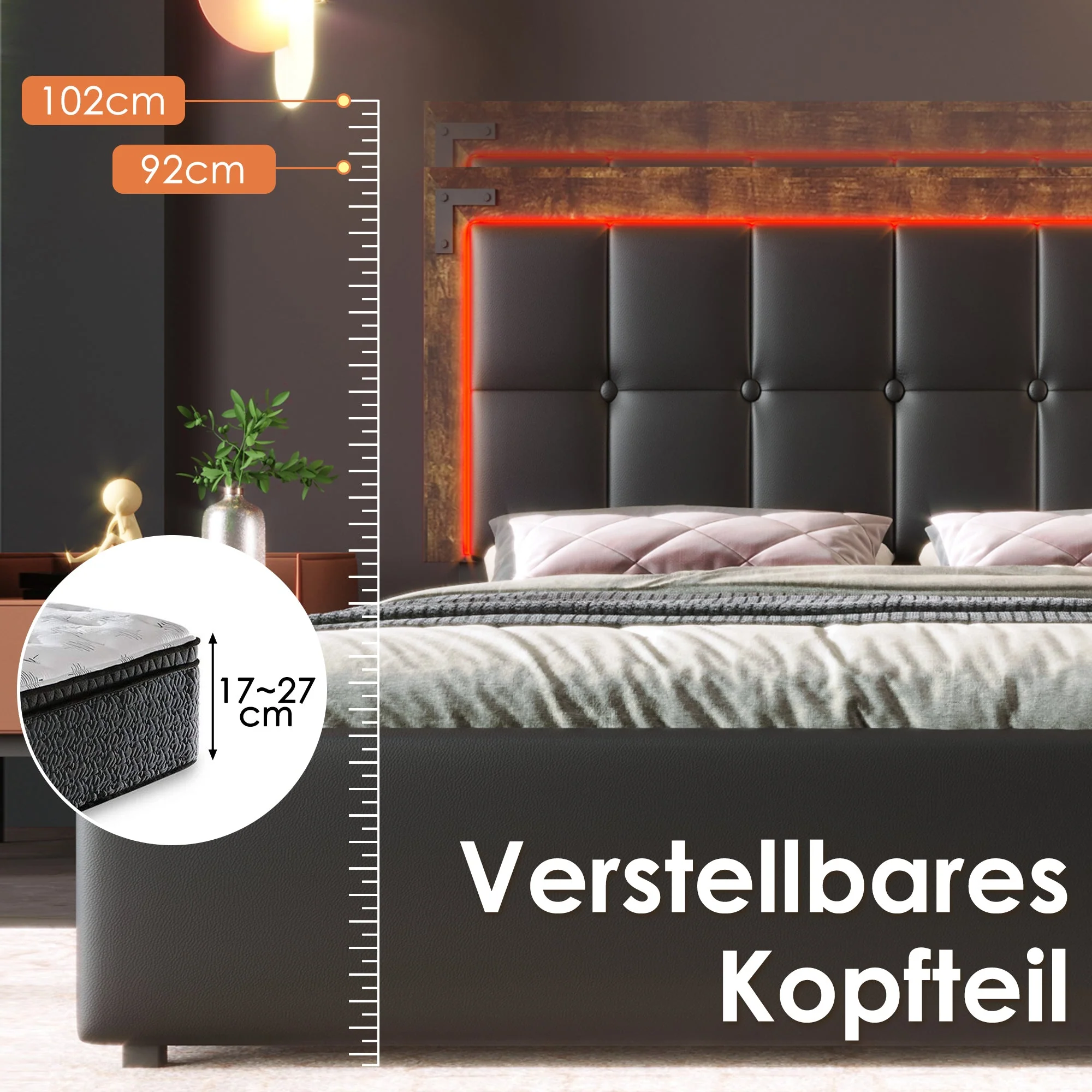 Bed Frame, LED, 4 Drawers, Adjustable Headboard, Black PU - Image 3