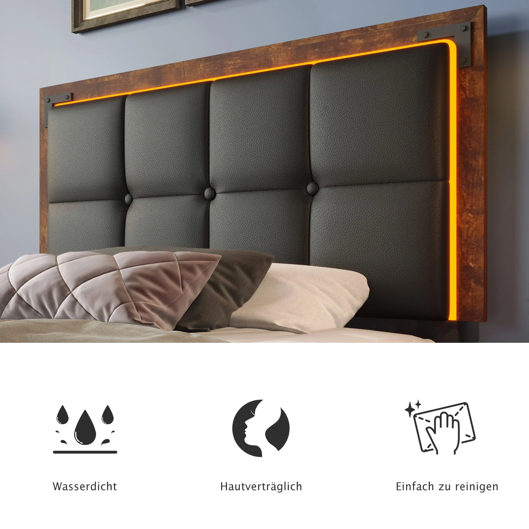 Bed Frame, LED, 4 Drawers, Adjustable Headboard, Black PU - Image 7