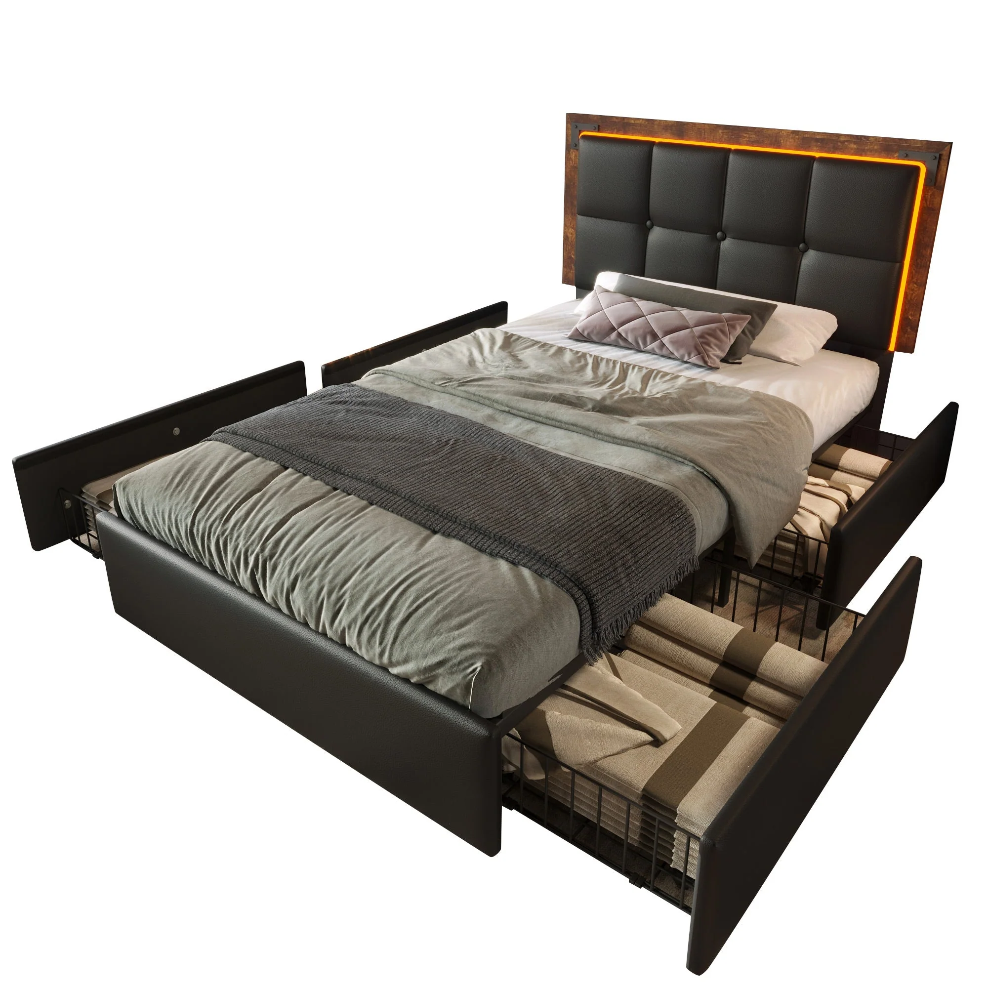 Bed Frame, LED, 4 Drawers, Adjustable Headboard, Black PU - Image 8