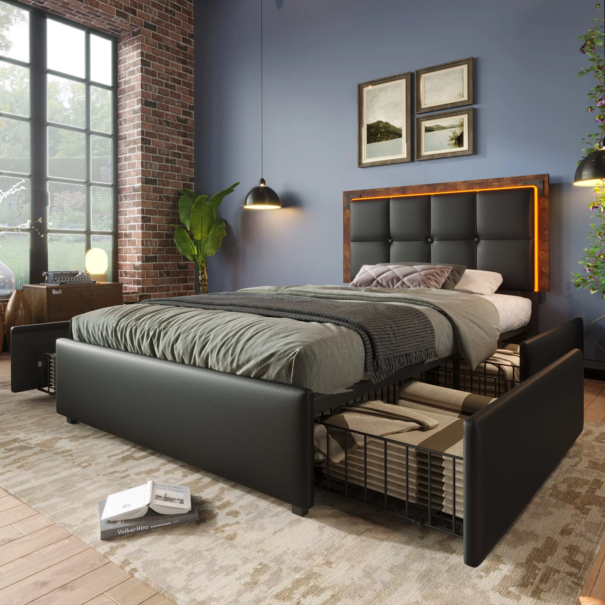 Bed Frame, LED, 4 Drawers, Adjustable Headboard, Black PU - Image 9