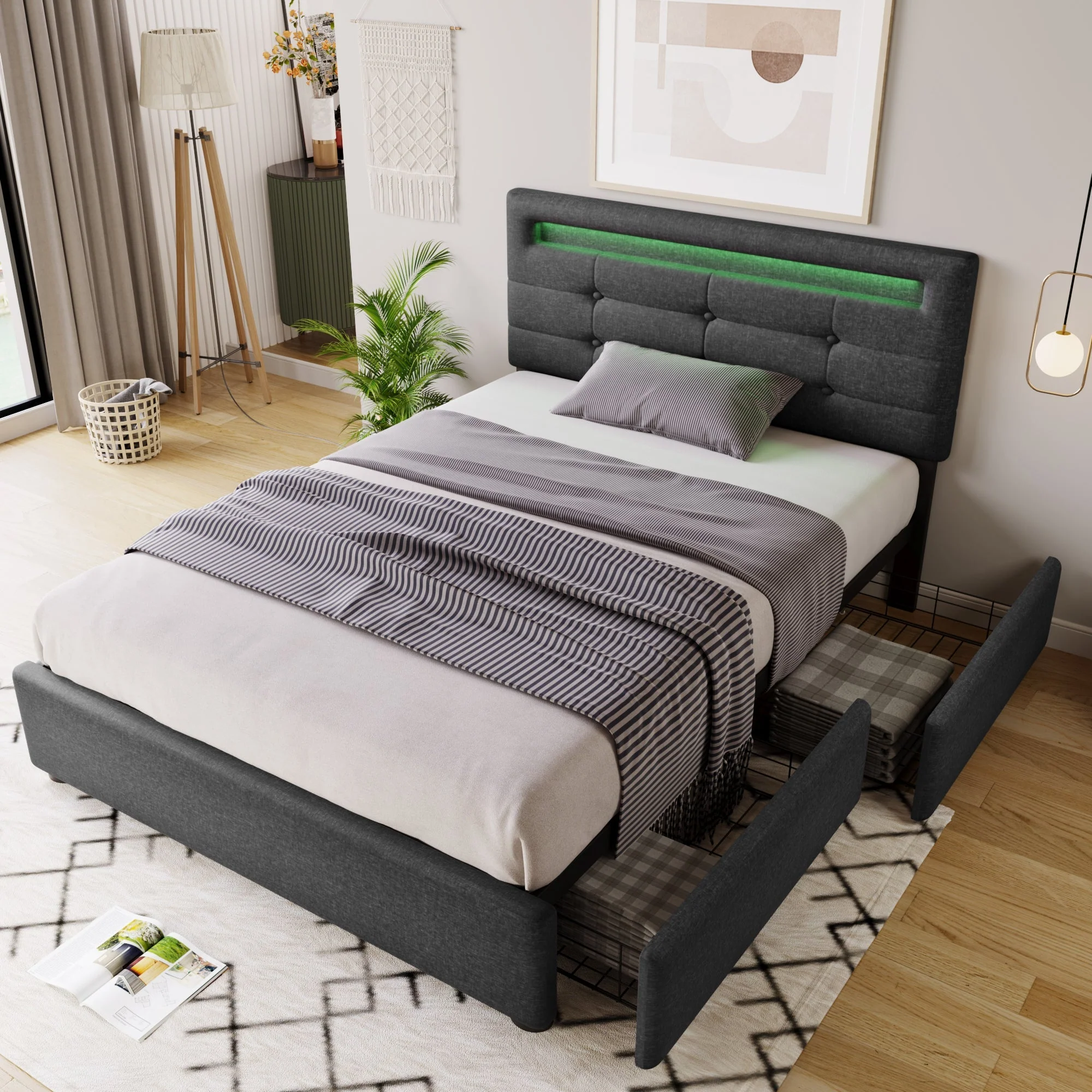 Bed Frame, LED Lighting, 2 Drawers, Adjustable Headboard, Upholstered, Grey - Image 3