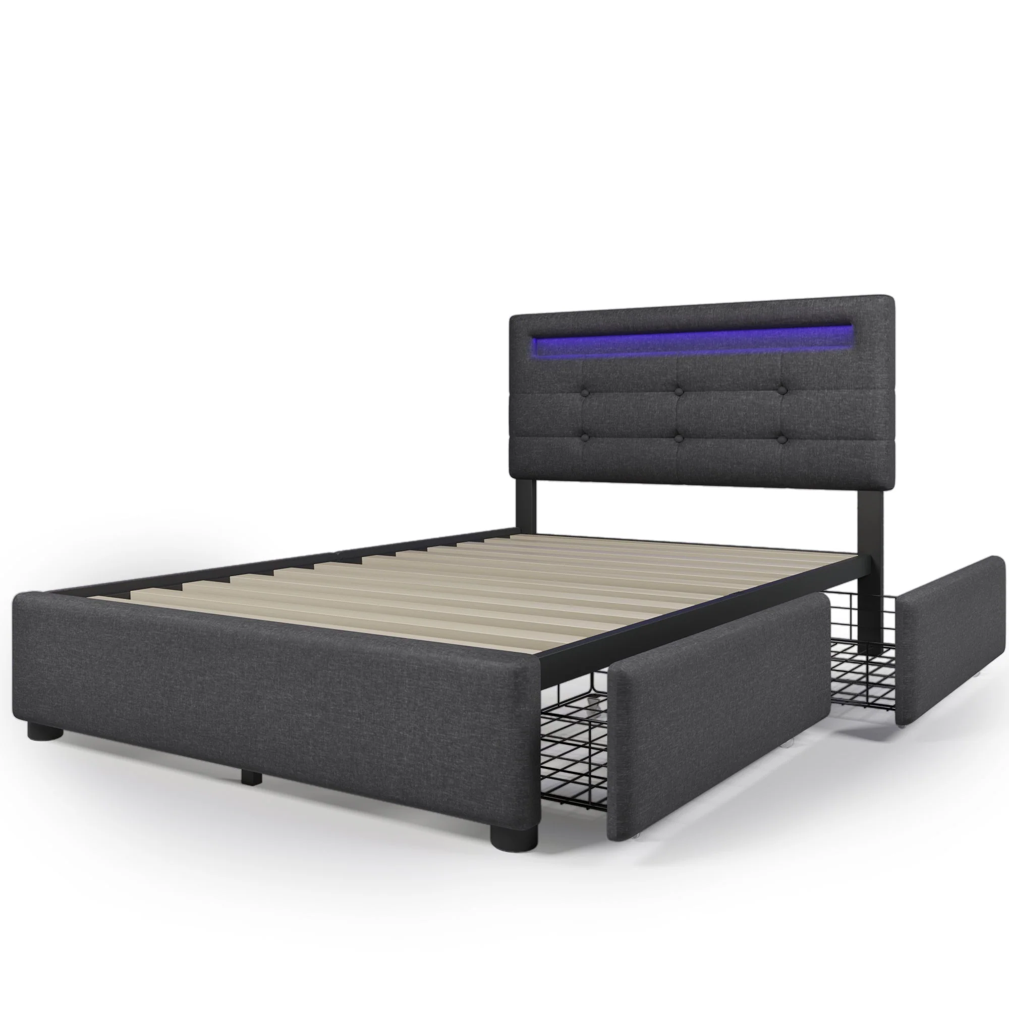 Bed Frame, LED Lighting, 2 Drawers, Adjustable Headboard, Upholstered, Grey - Image 5