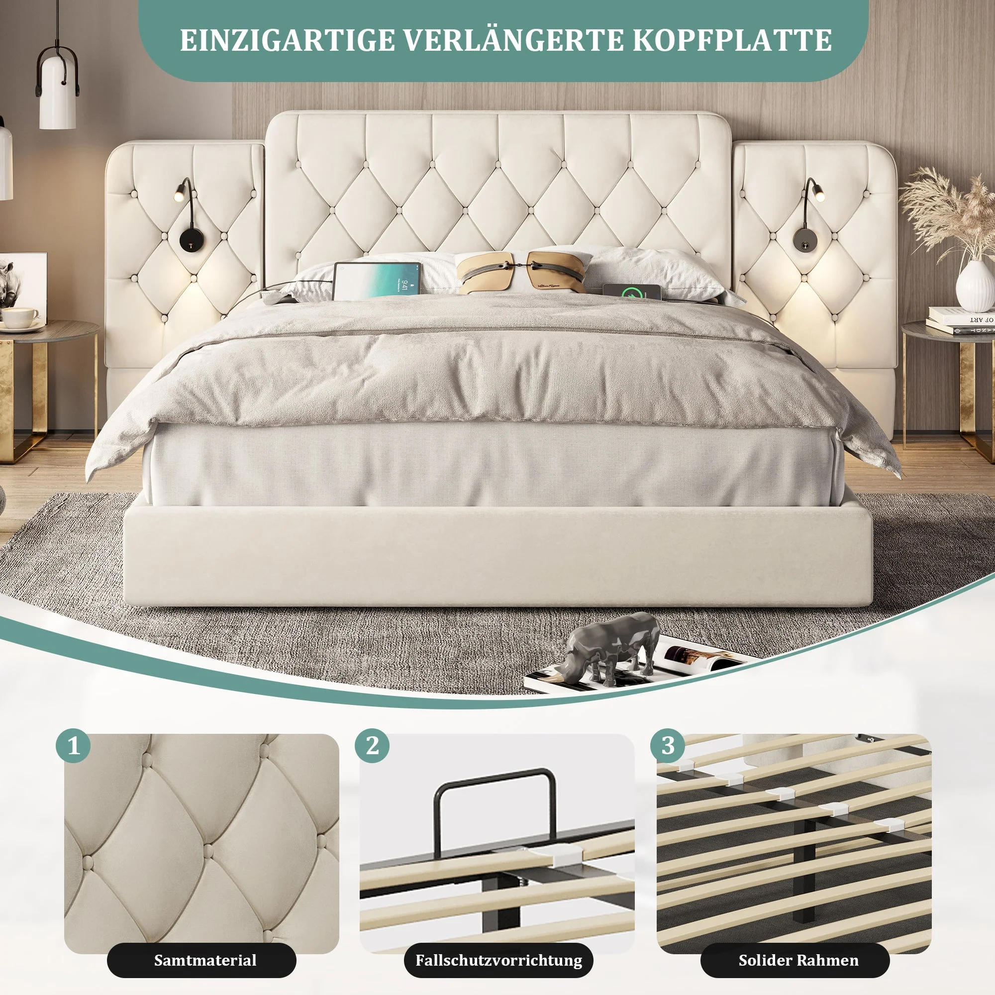 Bed Frame Long Headboard USB/Lamp Hydraulic Storage 160x200cm, Velvet Beige - Image 7