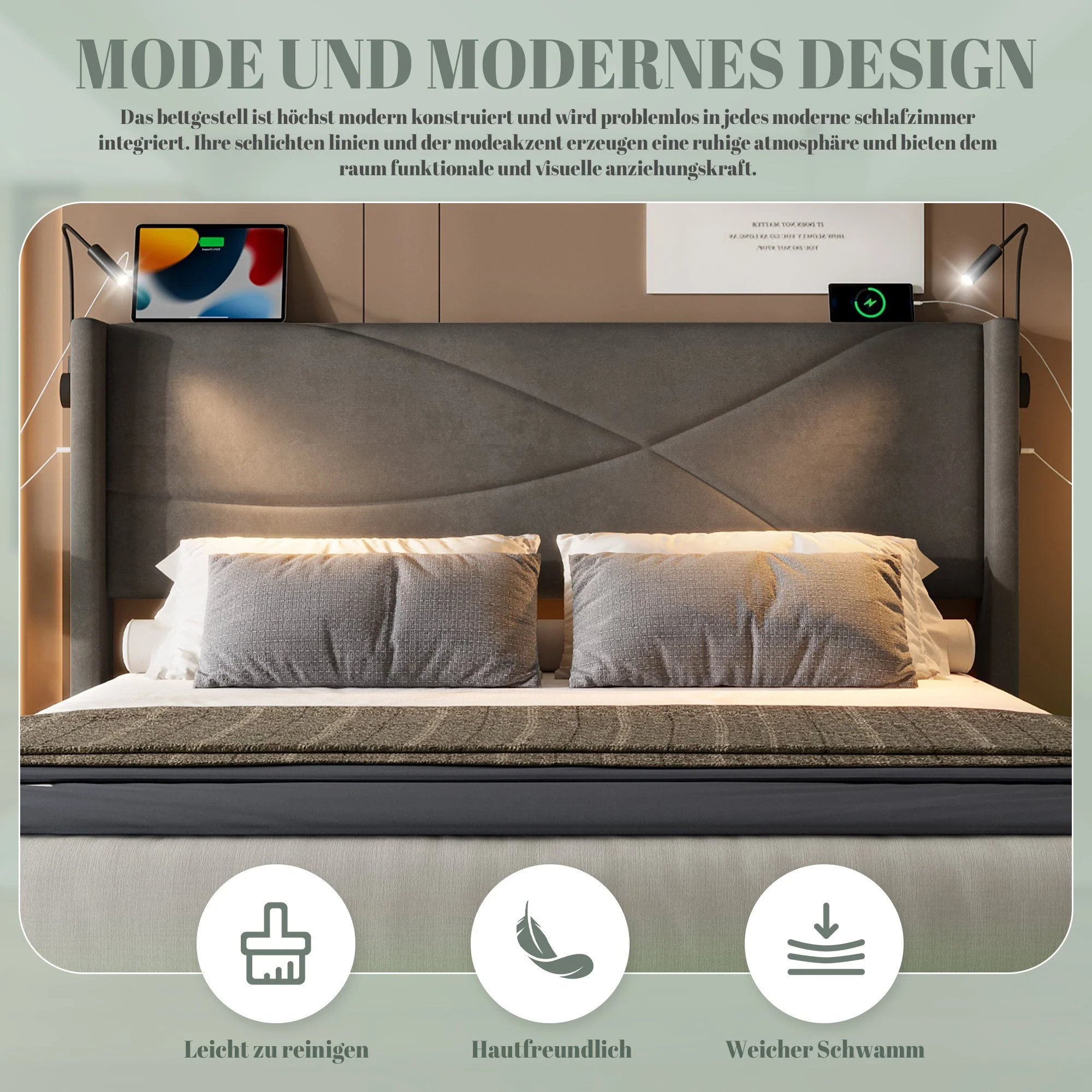 Bed Frame, Modern Design 160x200cm, Hydraulic Storage, LED Lights, USB Ports - Image 4