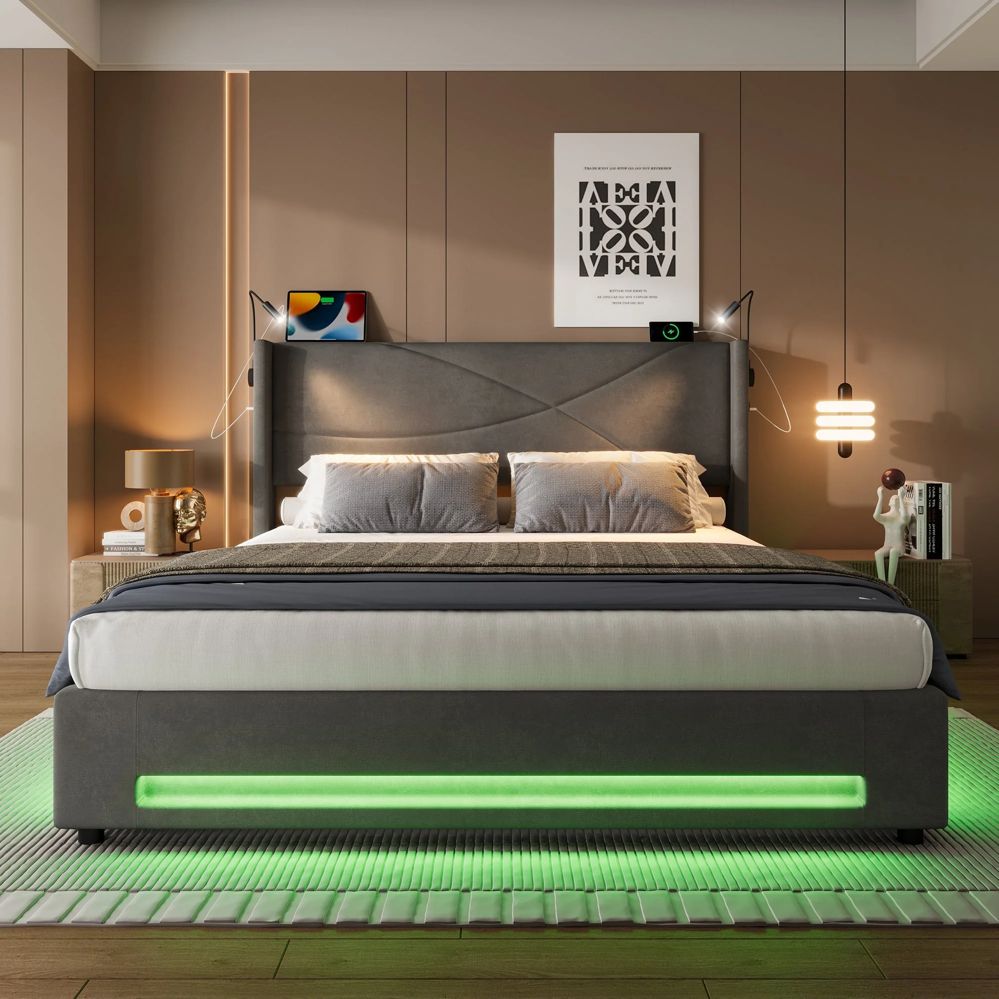 Bed Frame, Modern Design 160x200cm, Hydraulic Storage, LED Lights, USB Ports - Image 5