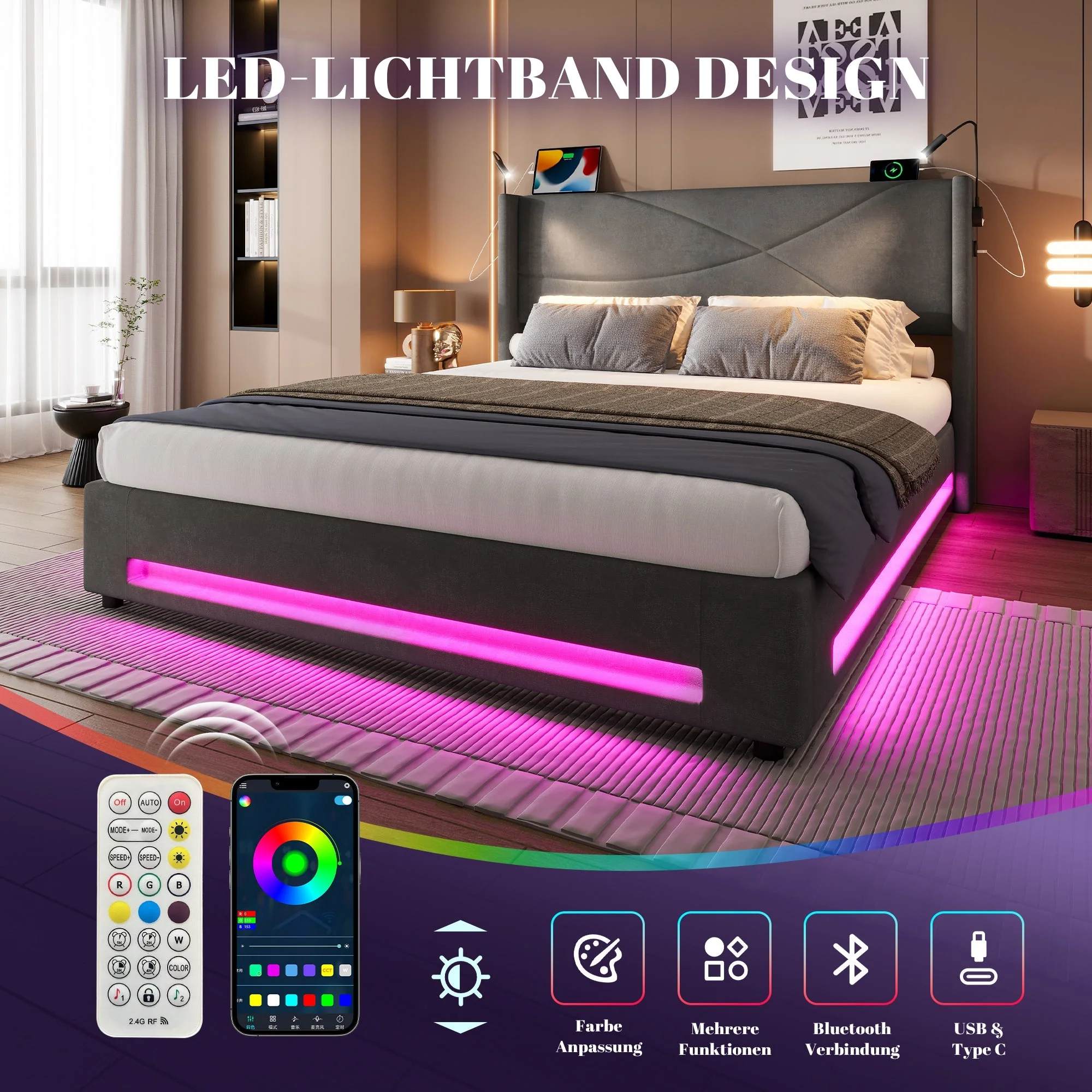 Bed Frame, Modern Design 160x200cm, Hydraulic Storage, LED Lights, USB Ports - Image 7