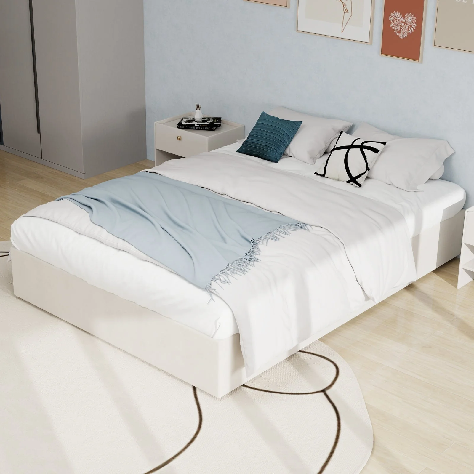 Bed Frame Modern Minimalist 160x200cm Gas Lift Storage - Beige Dutch Velvet - Image 4