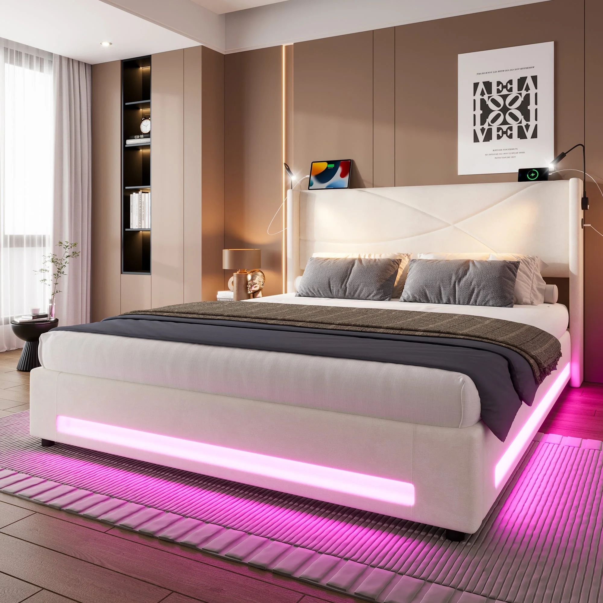 Bed Frame, Modern with Reading Lights, LED, Hydraulic Storage, USB Ports, 140x200cm - Image 5