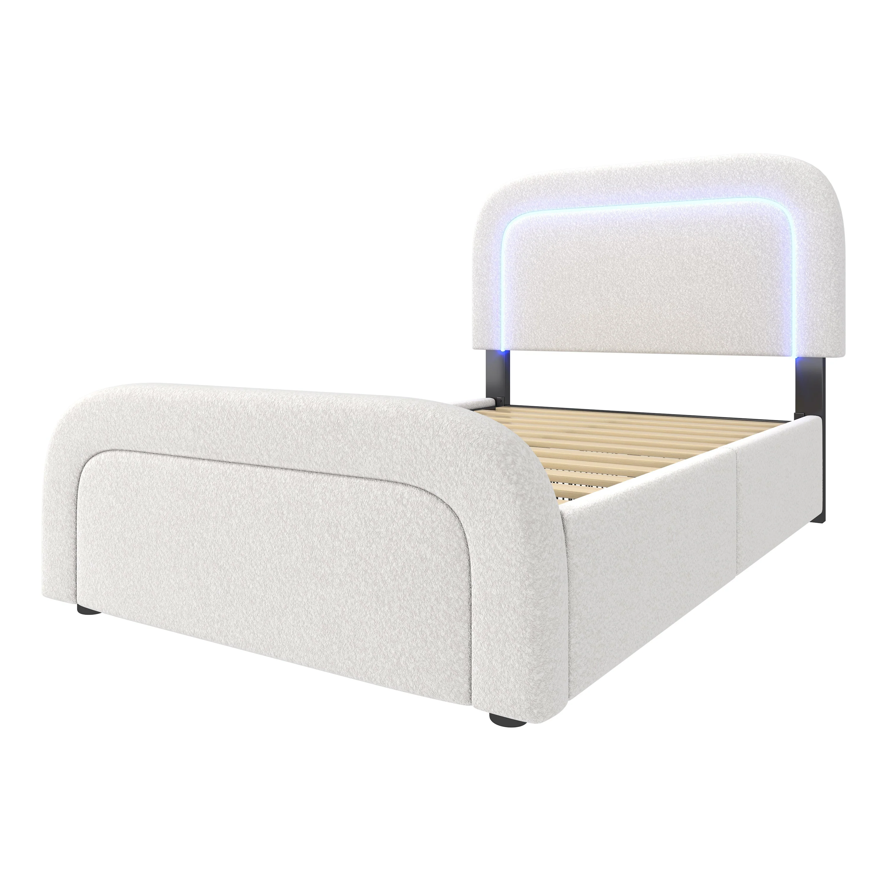Bed Frame, USB-C LED Storage, Adjustable Headboard, Sherpa White - Image 10
