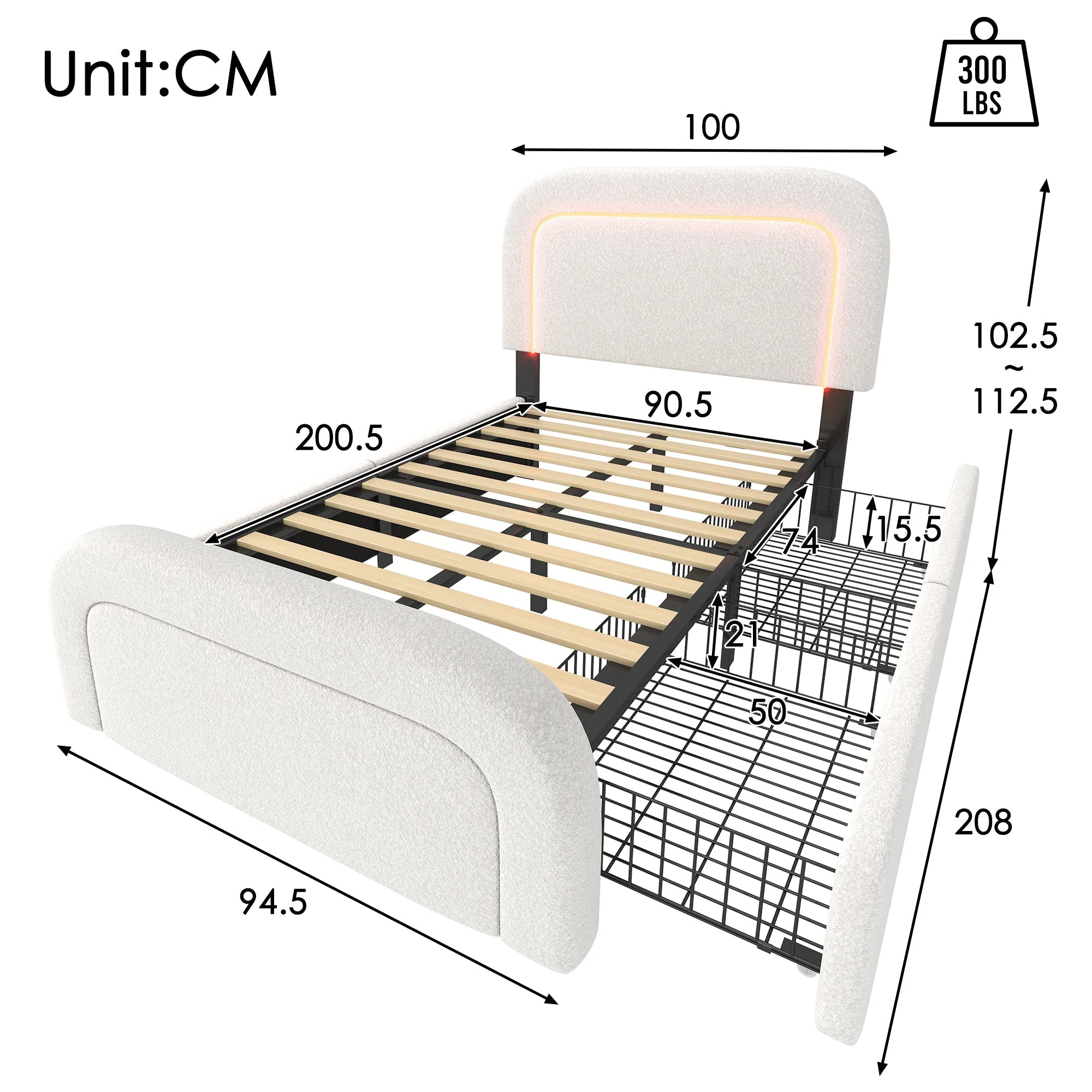 Bed Frame, USB-C LED Storage, Adjustable Headboard, Sherpa White - Image 2