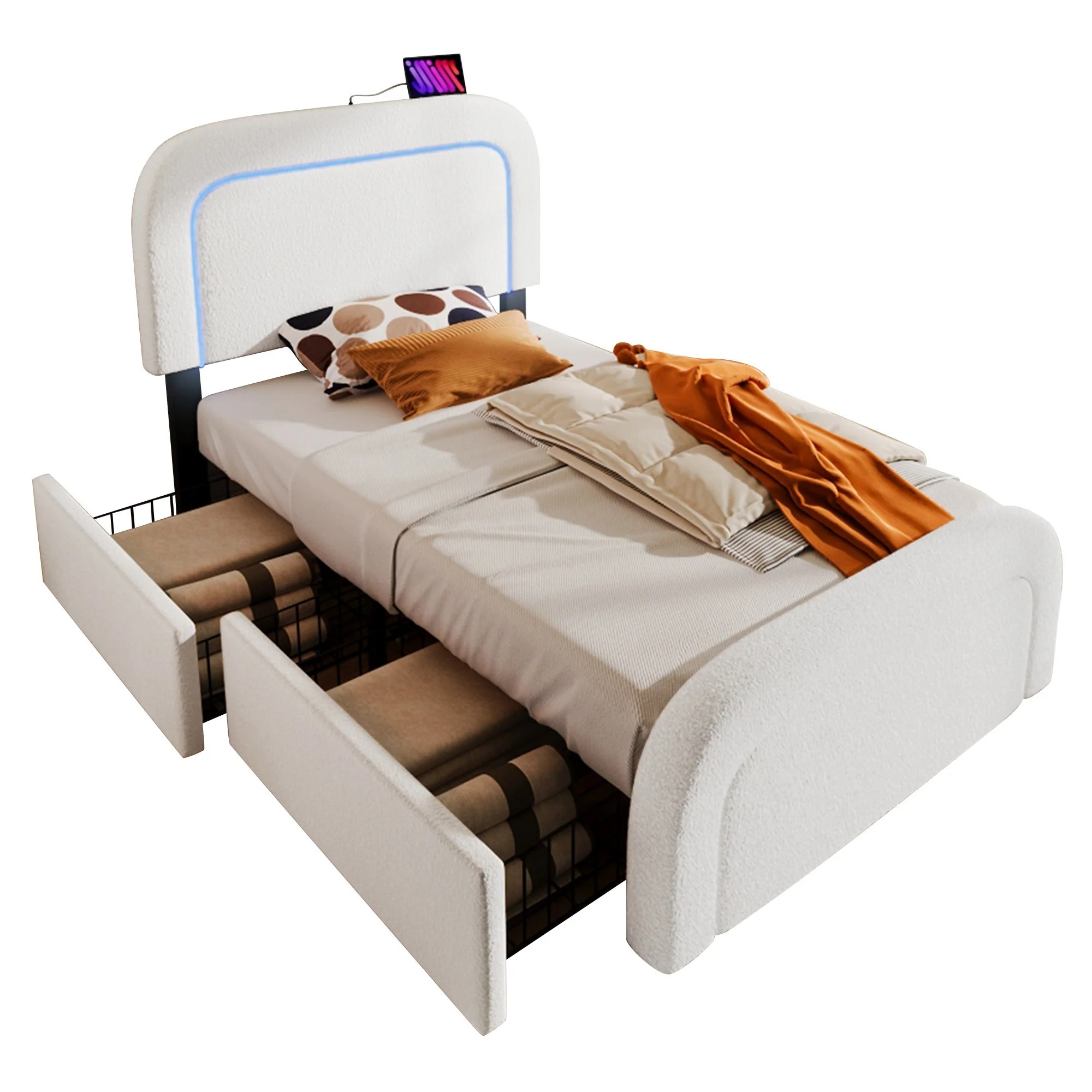Bed Frame, USB-C LED Storage, Adjustable Headboard, Sherpa White - Image 3