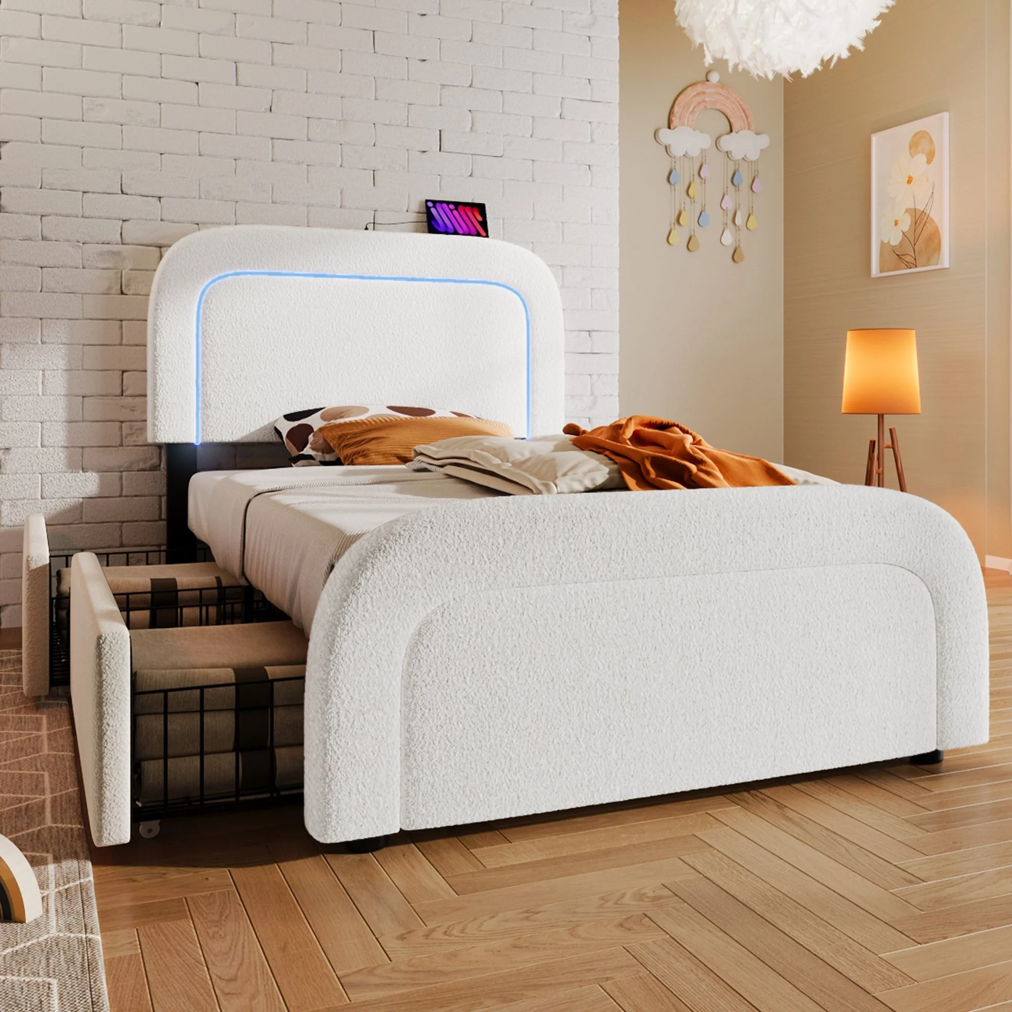 Bed Frame, USB-C LED Storage, Adjustable Headboard, Sherpa White - Image 4