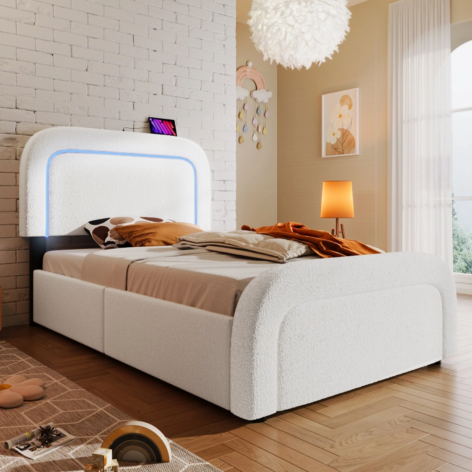 Bed Frame, USB-C LED Storage, Adjustable Headboard, Sherpa White - Image 5