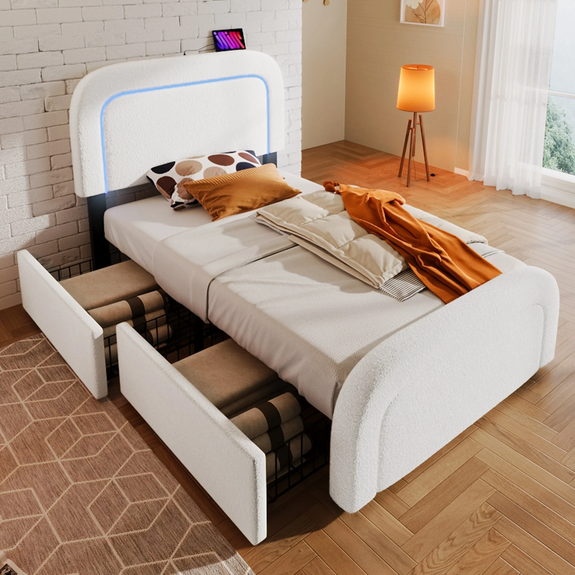 Bed Frame, USB-C LED Storage, Adjustable Headboard, Sherpa White - Image 6