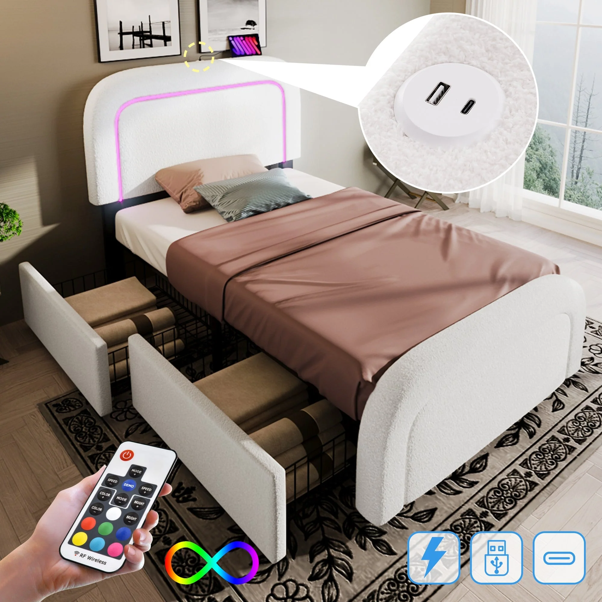 Bed Frame, USB-C LED Storage, Adjustable Headboard, Sherpa White - Image 7