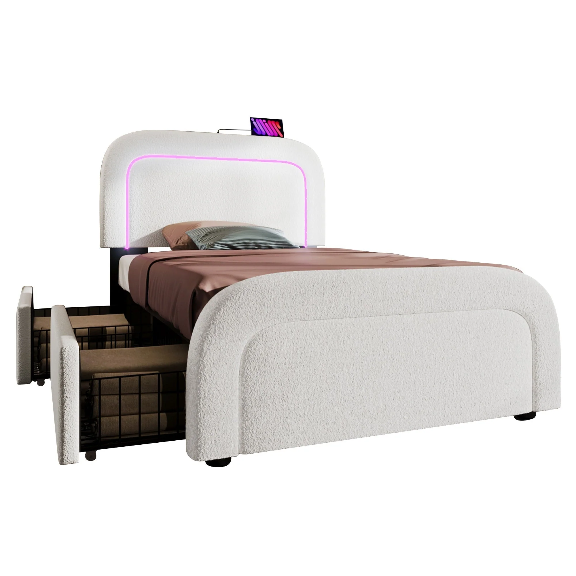 Bed Frame, USB-C LED Storage, Adjustable Headboard, Sherpa White - Image 9