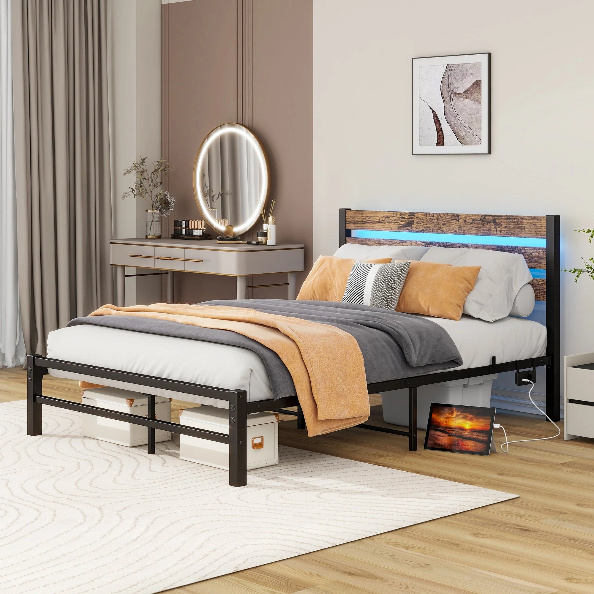 Bed Frame with Headboard, 120x200cm, USB Charging Station & LED, Metal - Image 3